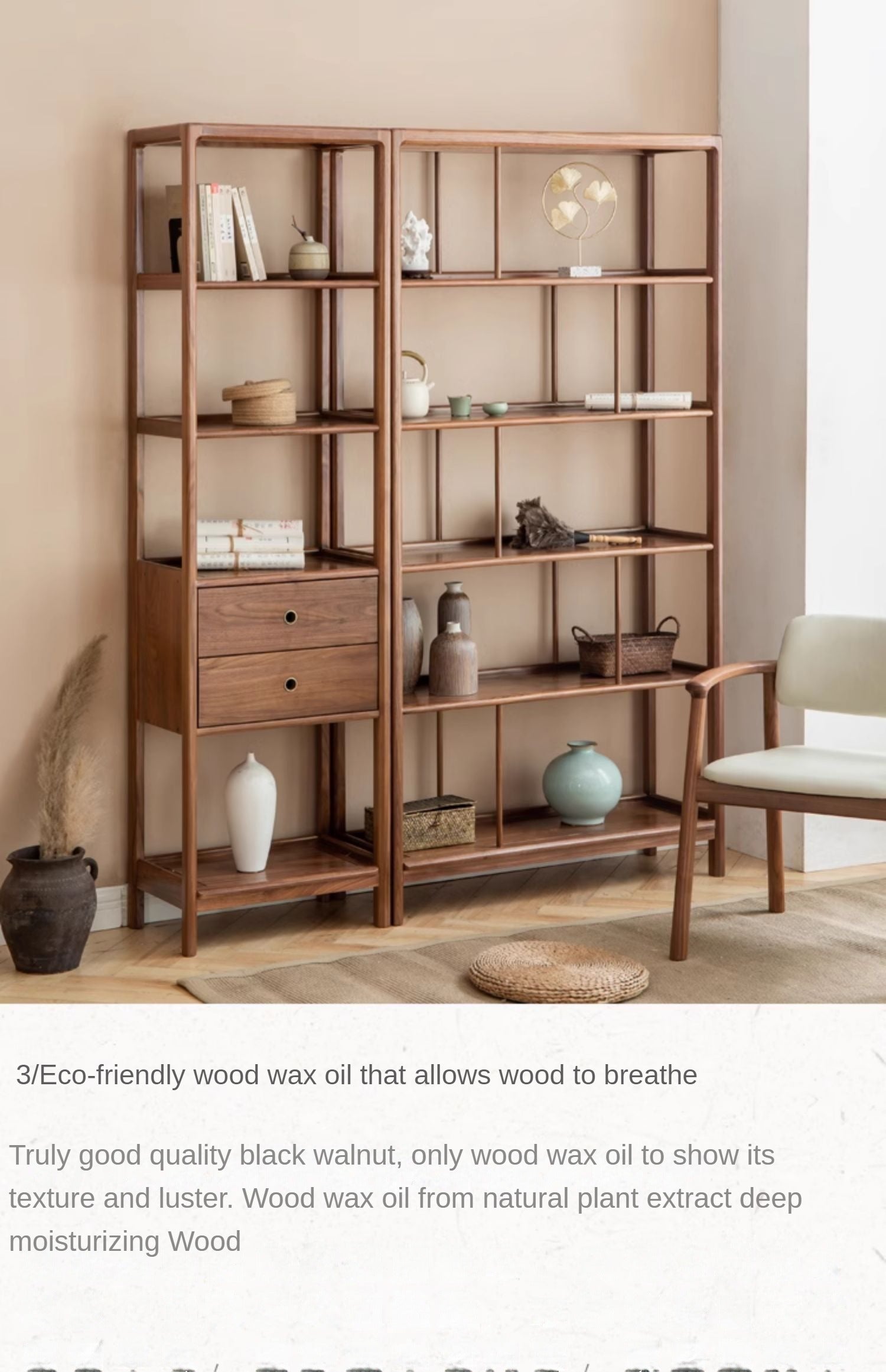 Solid Black Walnut & Ash Wood Bookshelf - Modern Bookcase with Display Cabinet & Wall Shelf for Living Room, Office & Library Storage