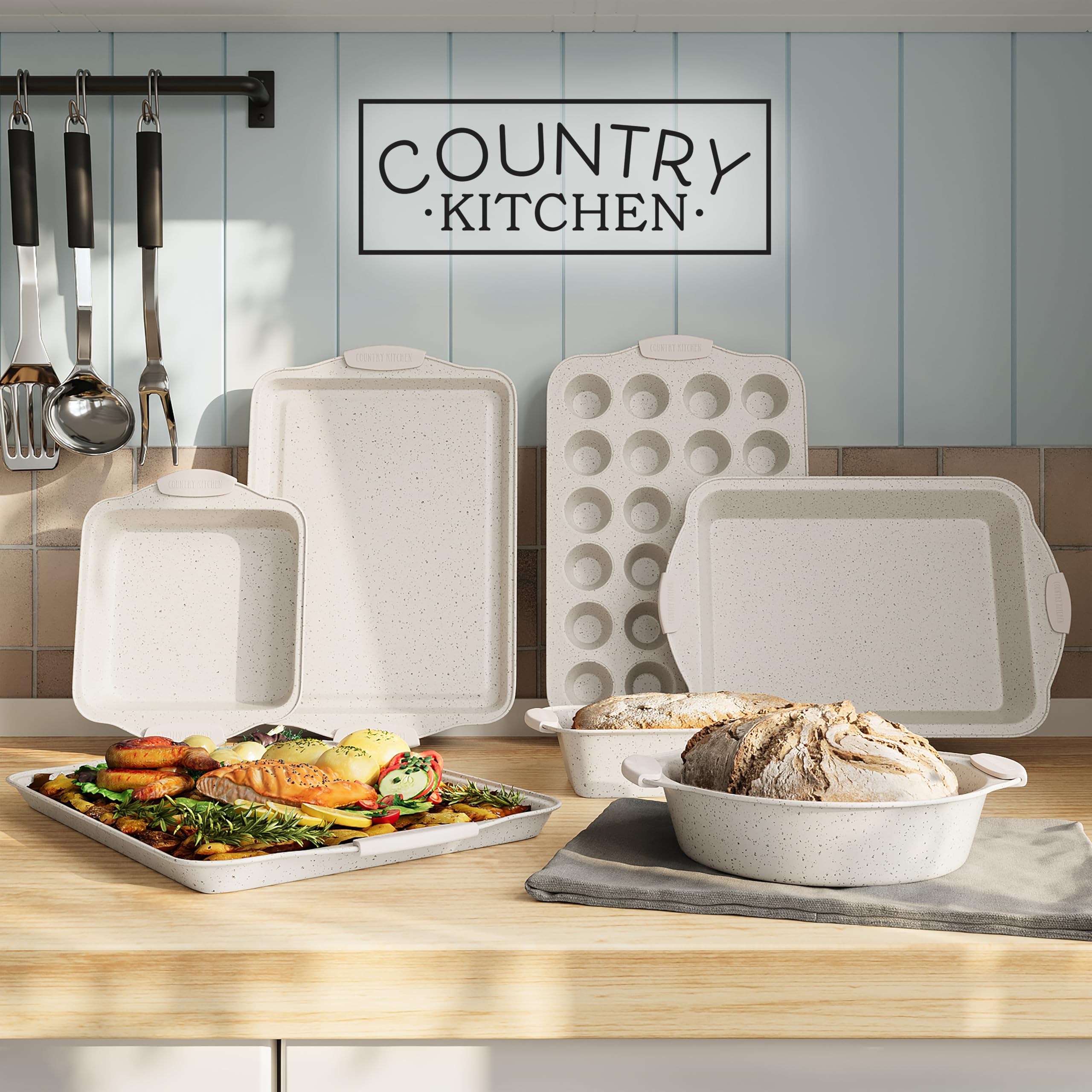 Nonstick Stackable Bakeware Set - 10-Piece Durable Country Kitchen Baking Pans with Easy Release, Cream Color - Perfect for Cakes, Cookies, Pies & Holiday Baking