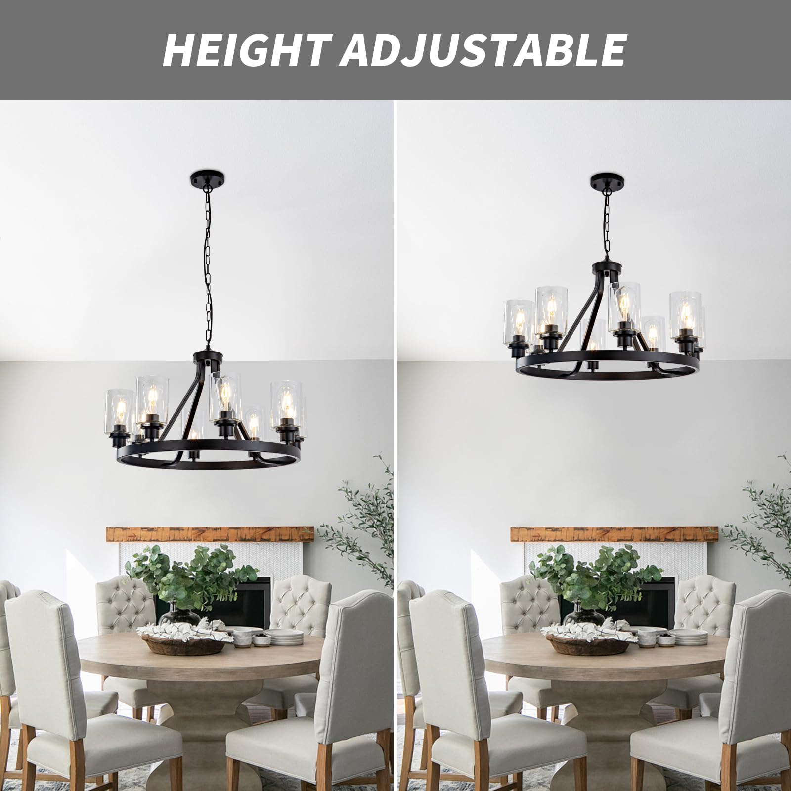 8-Light Black Farmhouse Wagon Wheel Chandelier - Adjustable Height Modern Industrial Rustic Dining Room Light Fixture - Perfect for Kitchen Island, Dining Table, and Living Room Pendant Lighting (E26 Base)