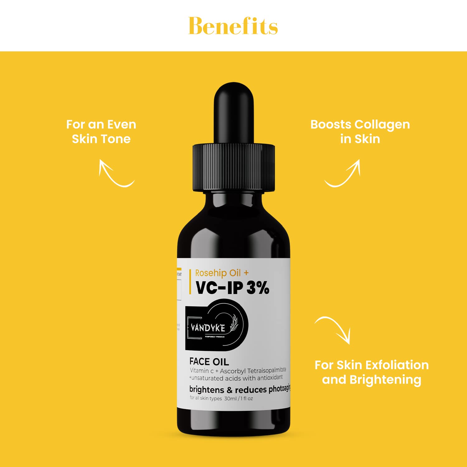 Vandyke 0.3% Pure Rosehip Oil for Face - Vitamin C Skin Brightening Serum (30ml) | Anti-Aging & Dark Spot Treatment | Day & Night Moisturizer for Glowing Skin