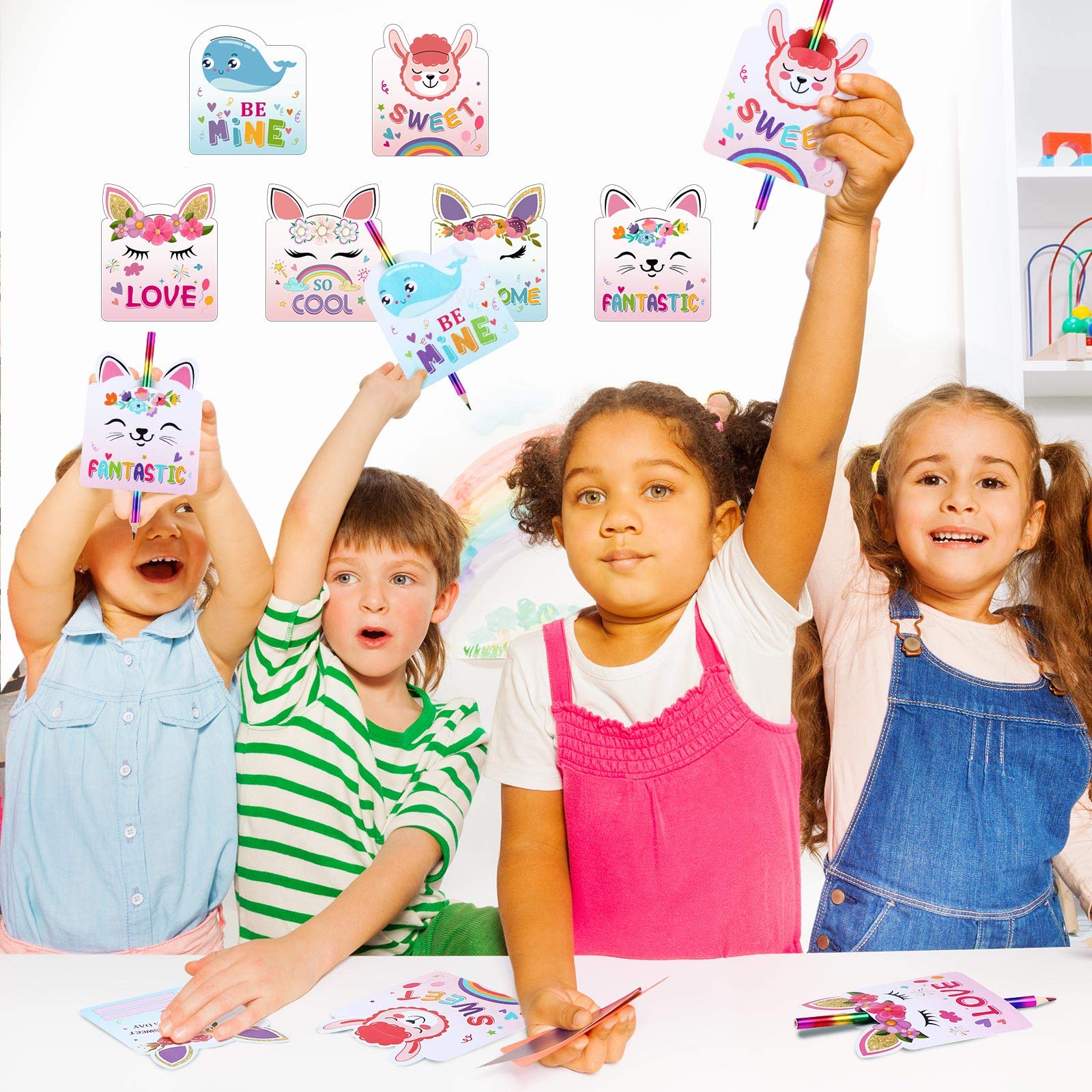 Zonon 30 Sets Valentine's Day Cards with Rainbow Pencils - Unicorn & Cute Animal Greeting Cards for Kids Classroom Exchange, Party Favors - Perfect for Valentine's Day Celebrations & School Events