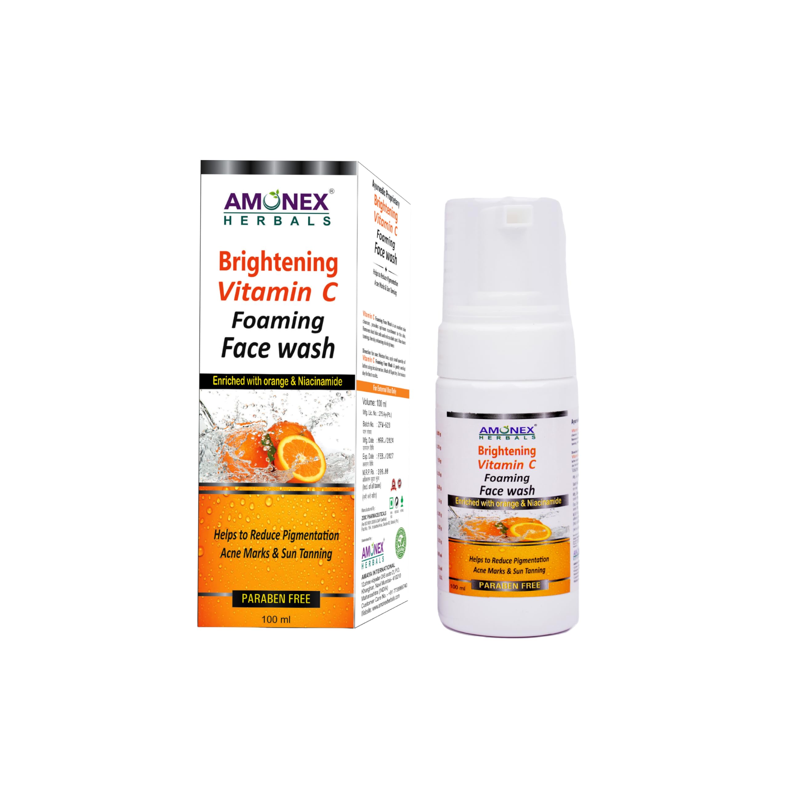 Amonex Vitamin C Foaming Face Wash with Lemon & Orange Essential Oils - Brightening Facial Cleanser for Glowing Skin - Paraben, Sulfate, Silicone & Dye Free - 100ml - Perfect for Morning & Night Skincare Routine