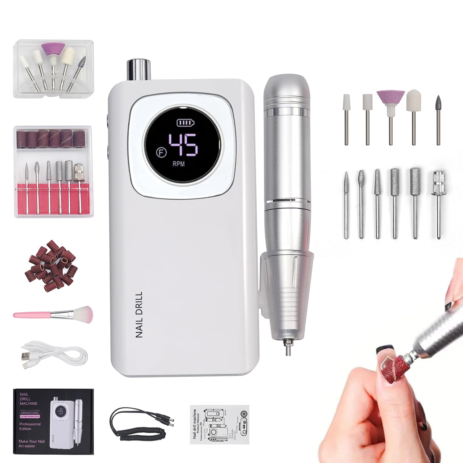 Professional Cordless Electric Nail Drill Kit - 45000 RPM High Speed Nail File Machine with Rechargeable Battery & Drill Bits | Portable E-File for Acrylic, Gel Nails | Perfect for Home & Salon Manicures, Nail Art & DIY Nail Care