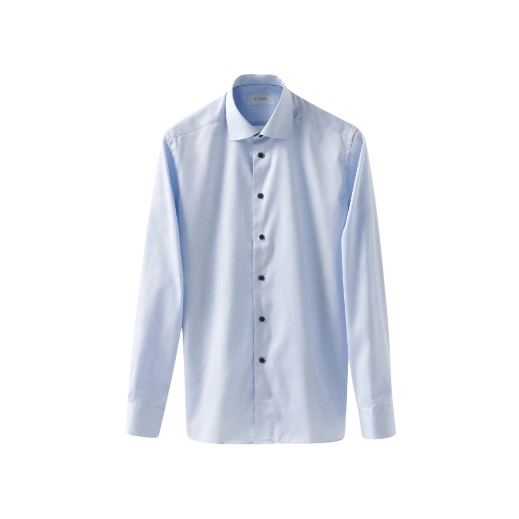 ETON Men's Plain Dress Shirt with Contrast Buttons - Contemporary Slim Fit Light Blue for Business Casual & Office Wear