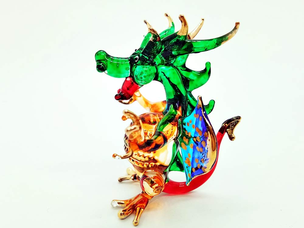 Hand Blown Glass European Dragon Figurine - Green Art Sculpture with Gift Box for Home Decor, Collectibles, and Fantasy Gifts