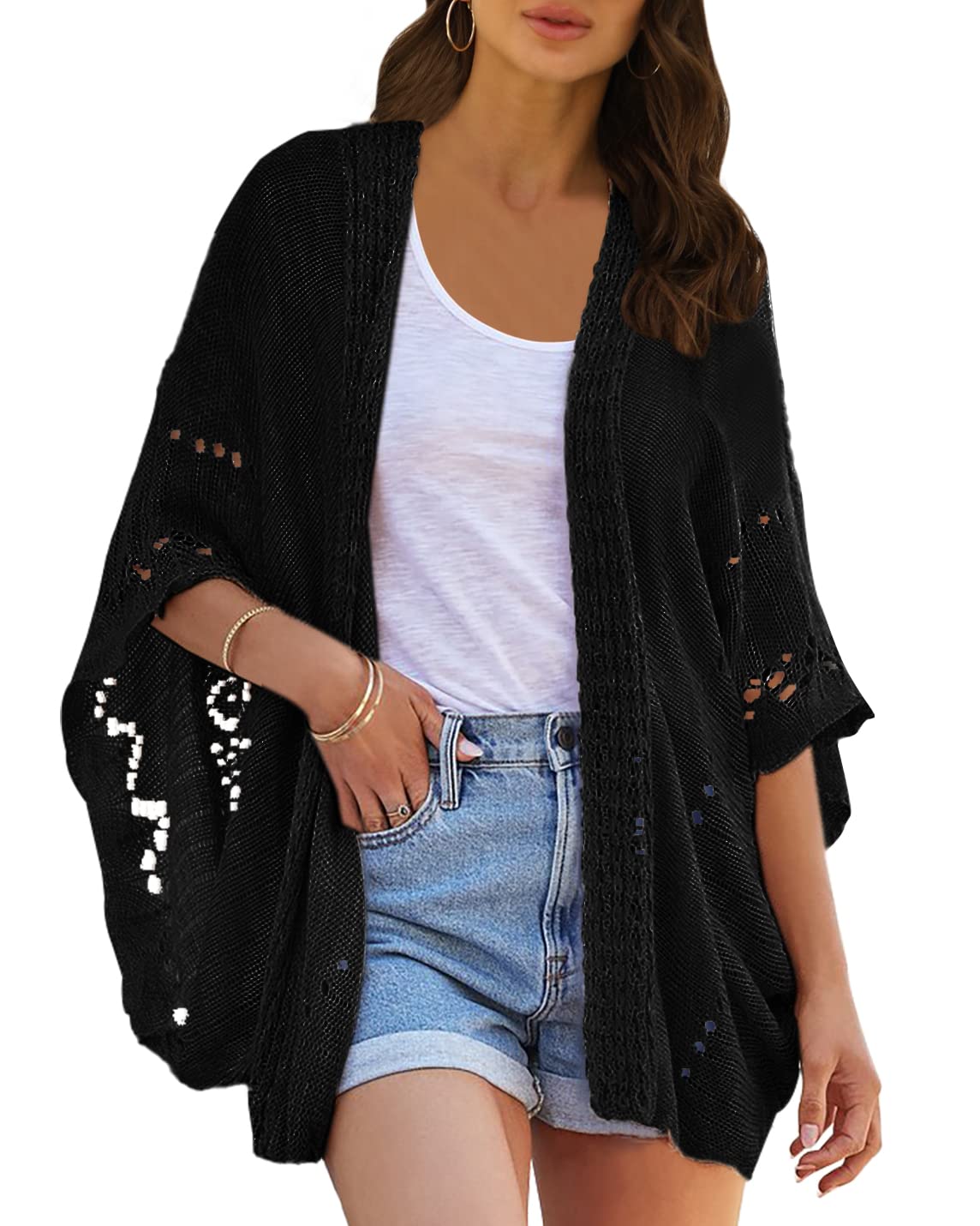 Ermonn Women's Lightweight Crochet Cardigan Sweater - Open Front Kimono Style with Batwing Sleeves | Casual Lace Cover-Up for Spring, Beach, Office & Date Night Outfits