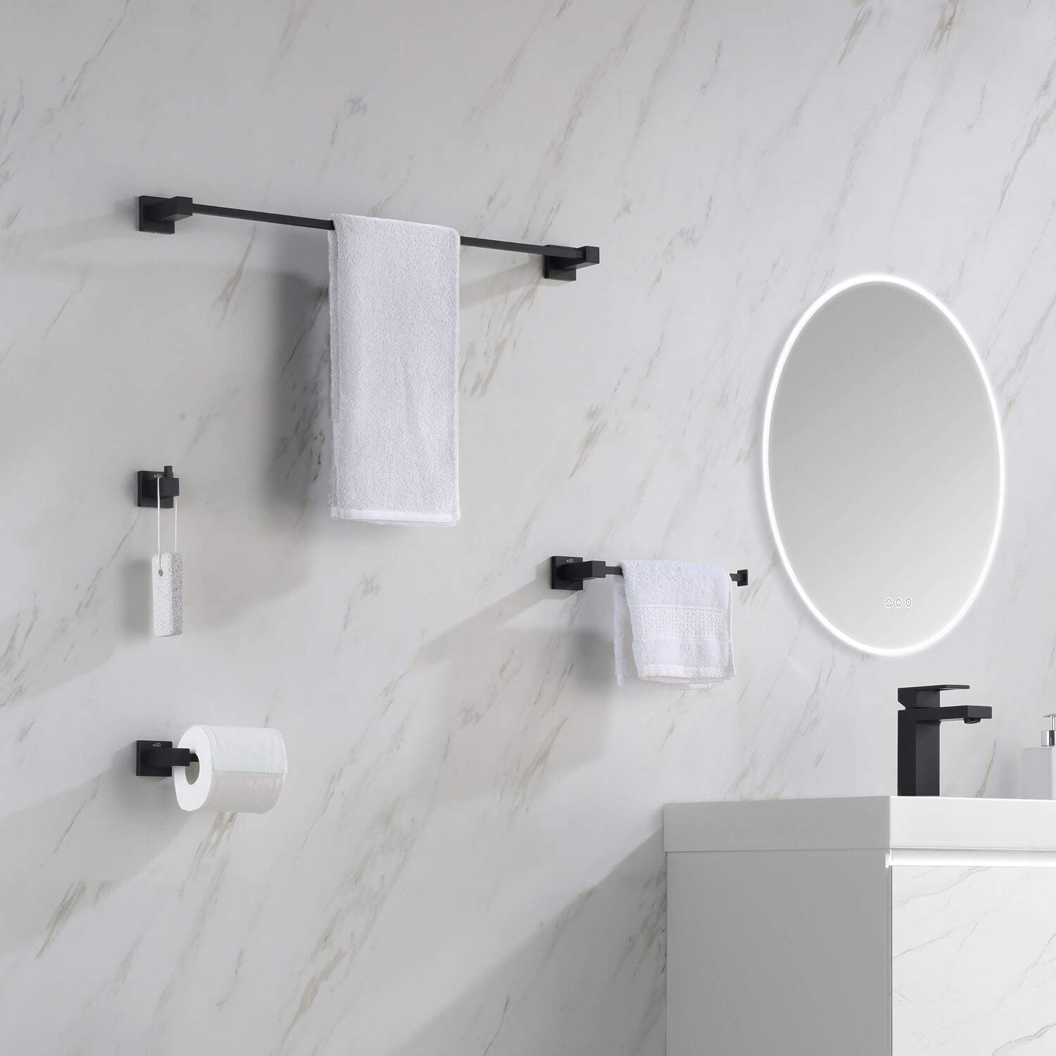 KIBI Cube 4-Piece Bathroom Hardware Set - Solid Brass Towel Bar, Towel Ring, Toilet Paper Holder & Robe Hooks | Matte Black Finish | Durable Bath Accessories for Modern Home & Luxury Hotel Style (C-KBA15-4) | Perfect for Bathroom, Spa & Guest Room Decor