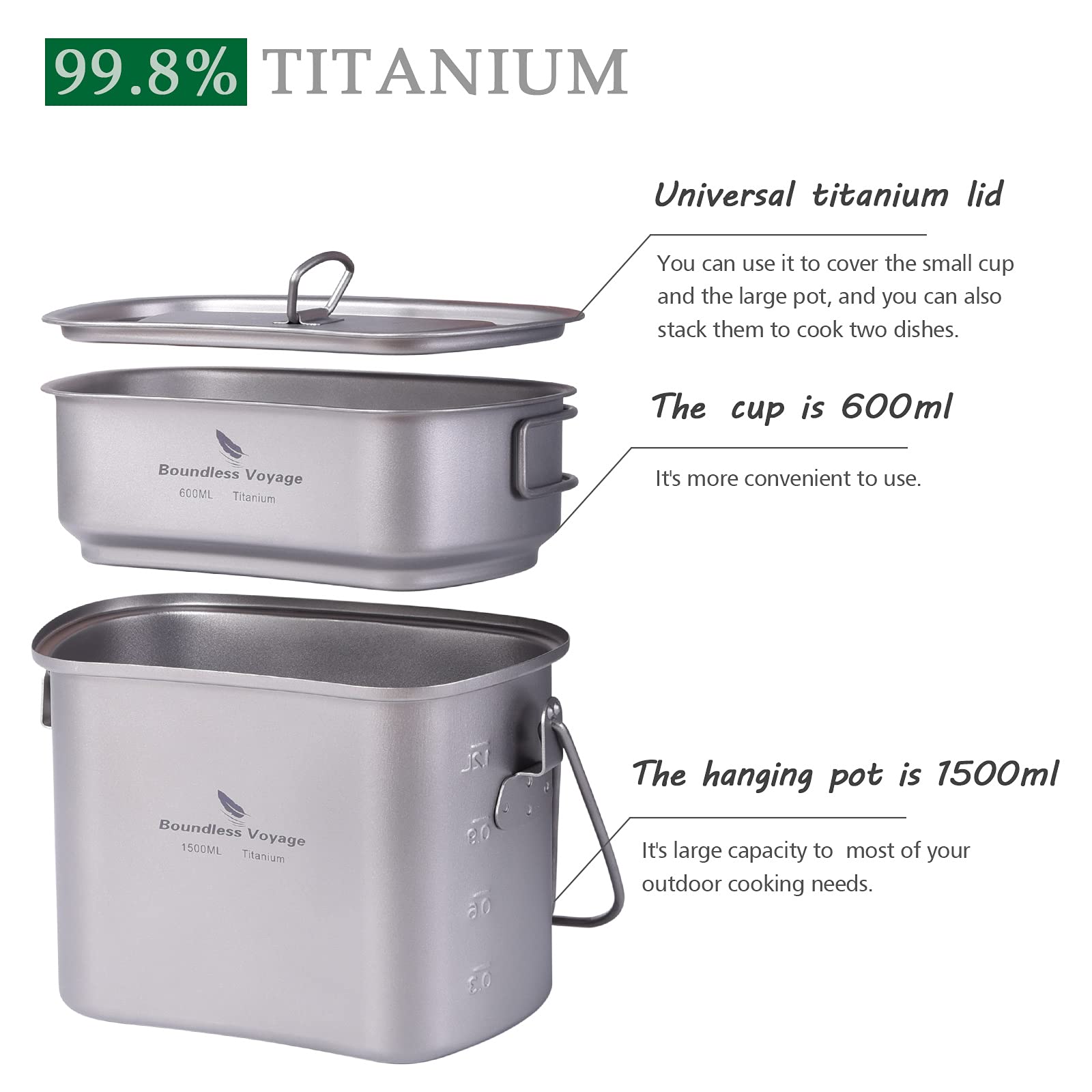 Boundless Voyage Titanium Camping Cookware Set - Lightweight Canteen Cup, Mess Kit & Kidney-Shaped Hanging Pot with Lid & Handles (Ti2059C) for Backpacking, Hiking & Outdoor Cooking Adventures