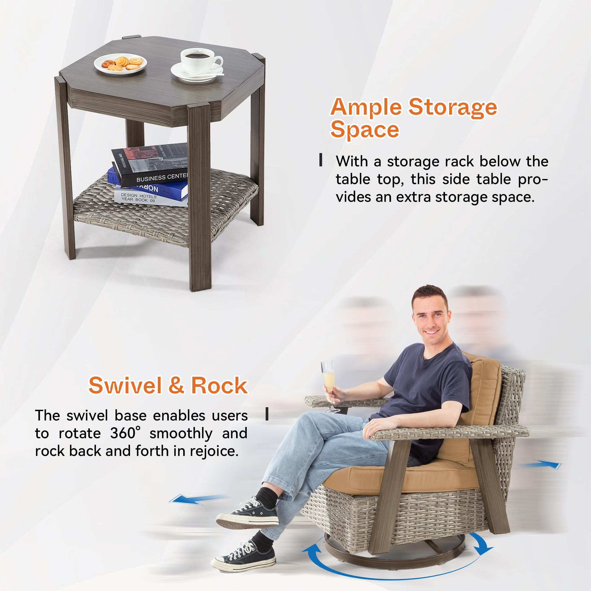 360° Swivel Rocker Patio Chair with Side Table - 2-Piece Outdoor Wicker Furniture Set, Durable Fabric Cushion & Ergonomic Design (Grey/Camel) - Perfect for Backyard, Poolside & Garden Relaxation