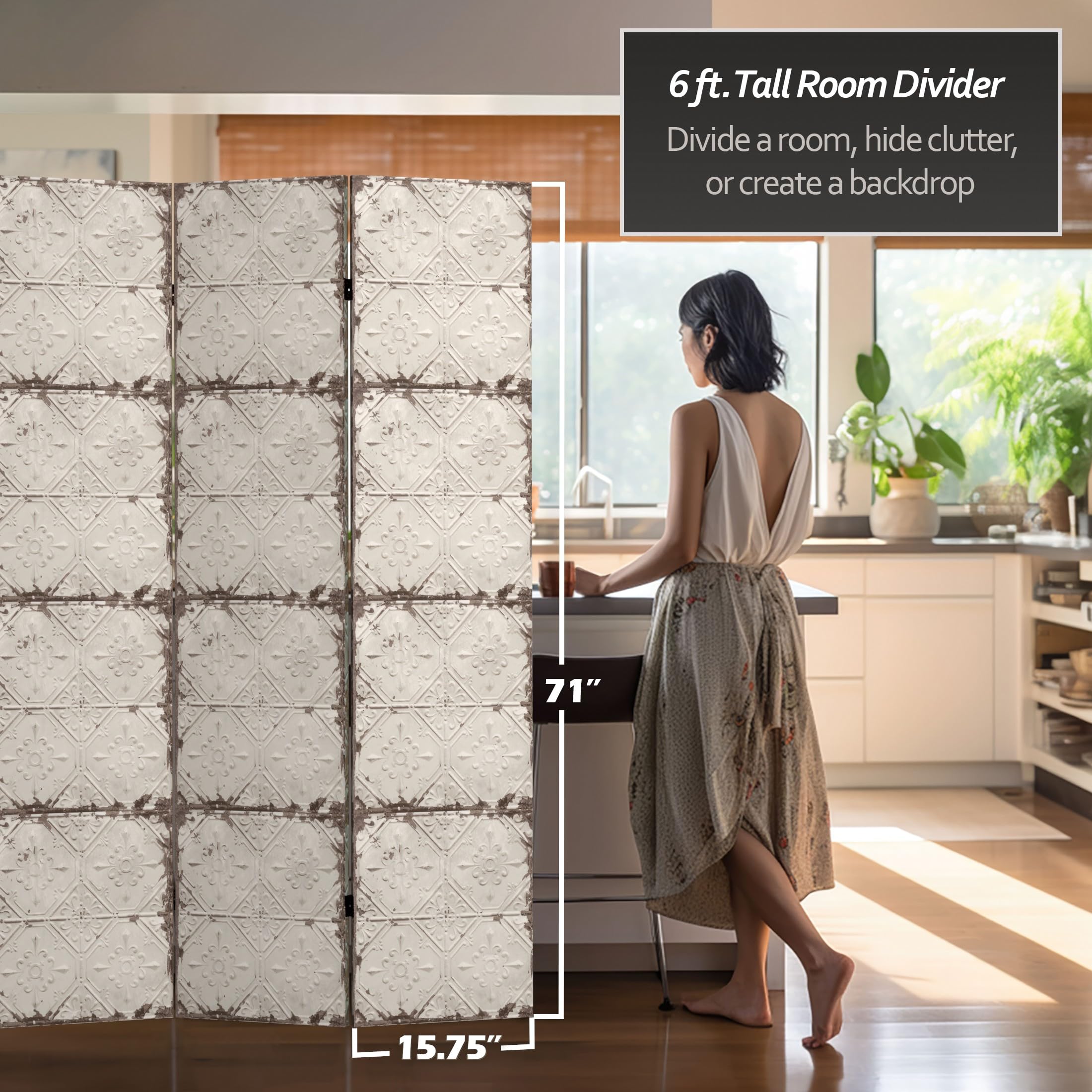 6 ft. Tall Double Sided Antique Grey Canvas Room Divider - Red Lantern Folding Screen for Home Office, Living Room & Bedroom Partition