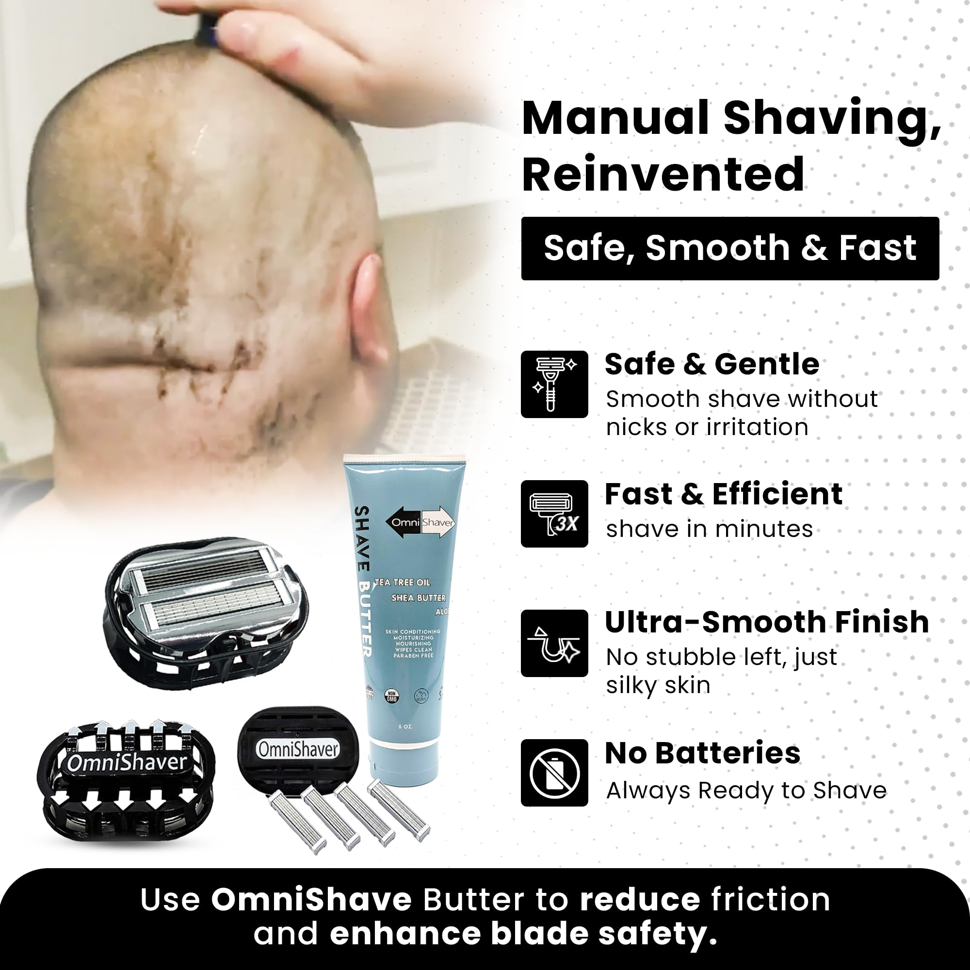 Premium Omnishaver Kit - Fastest Electric Shaver for Head, Legs, Arms & Body Hair | Reusable Alternative to Disposable Razors with Self-Cleaning & Stropping Technology | Includes Shave Butter & Replacement Cartridges (White) | Perfect for Travel, Gym & Quick Home Grooming