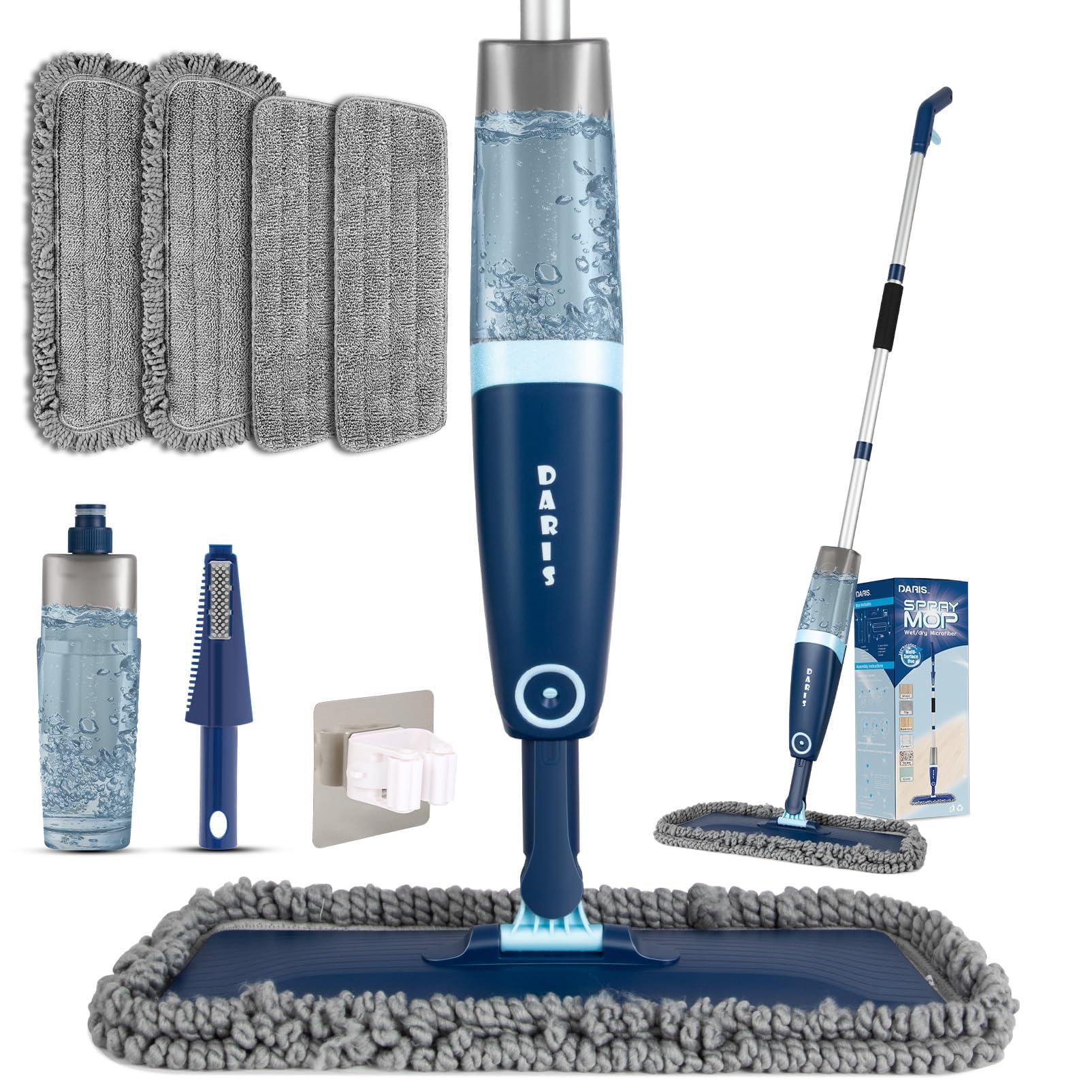 DARIS Spray Mop for Floor Cleaning - Microfiber Wet & Dry Mop with 52.3in Long Handle, 20oz Large Tank, 4 Reusable Pads - Perfect for Hardwood, Tile, Vinyl, Laminate & Ceramic Floors - Ideal for Kitchen, Bathroom & Living Room Cleaning
