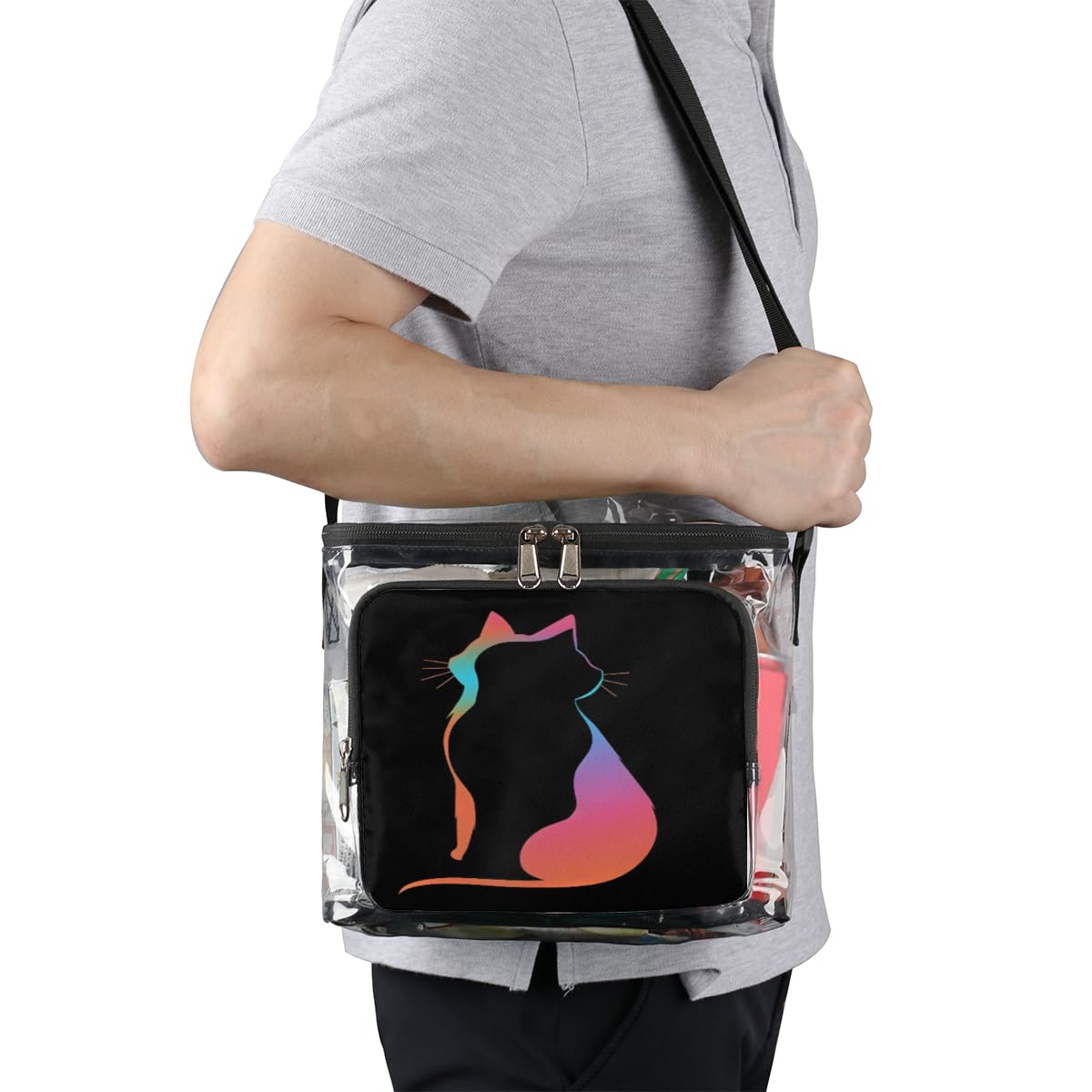 GzLeyigou Black Cat Silhouette Clear Tote Bag with Handles - Transparent Crossbody Shoulder Bag for Lunch, Outdoor, Travel, Picnic, Concerts & Sports Events | Stadium Approved Clear Purse for Women, Perfect for Beach, Shopping and Music Festivals