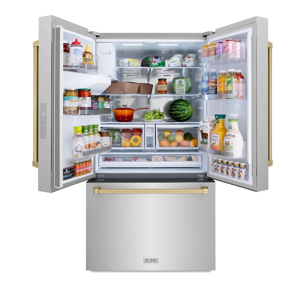 ZLINE Autograph Edition 36-inch 28.9 cu. ft. Standard Depth French Door Refrigerator with External Water Dispenser & Dual Ice Maker - Fingerprint Resistant Stainless Steel & Champagne Bronze Handles (RSMZ W 36 CB) - Perfect for Modern Kitchens, Entertaining & Large Family Storage