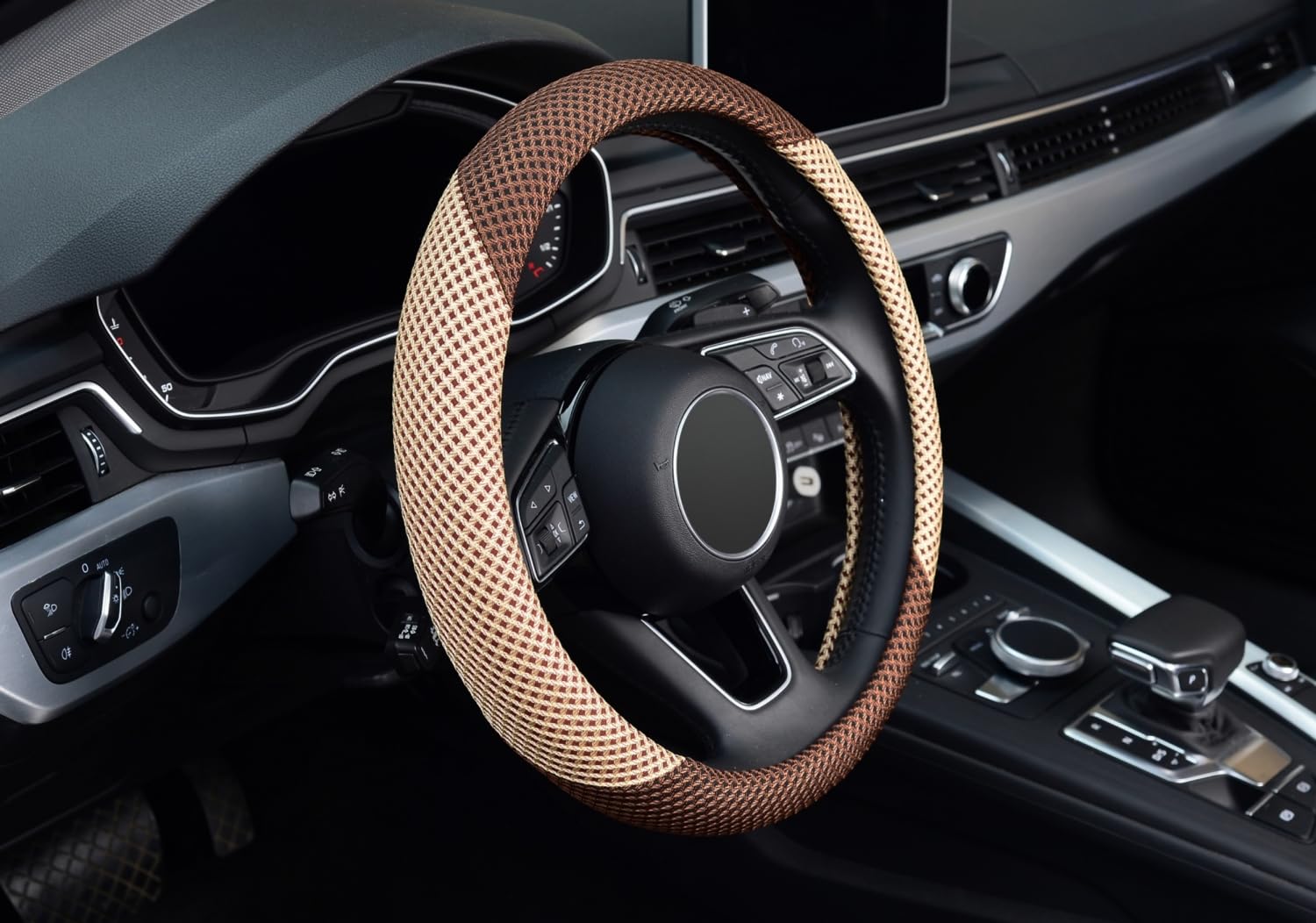 Universal 15 Inch Microfiber Steering Wheel Cover - Breathable Ice Silk Anti-Slip Car Accessory for Men & Women | Warm in Winter & Cool in Summer | Beige & Brown | Perfect for Daily Commute, Road Trips & All-Season Driving Comfort