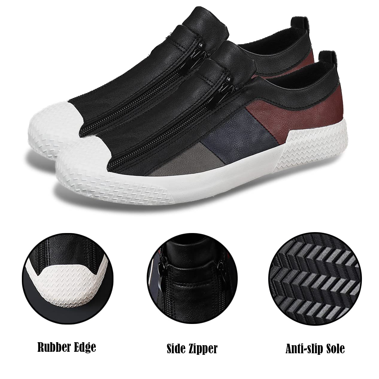 Recyphi Men's Casual Leather Sneakers - Slip On Low Top Driving Shoes with Zipper for Comfort | Perfect for Autumn, Daily Wear & Commuting