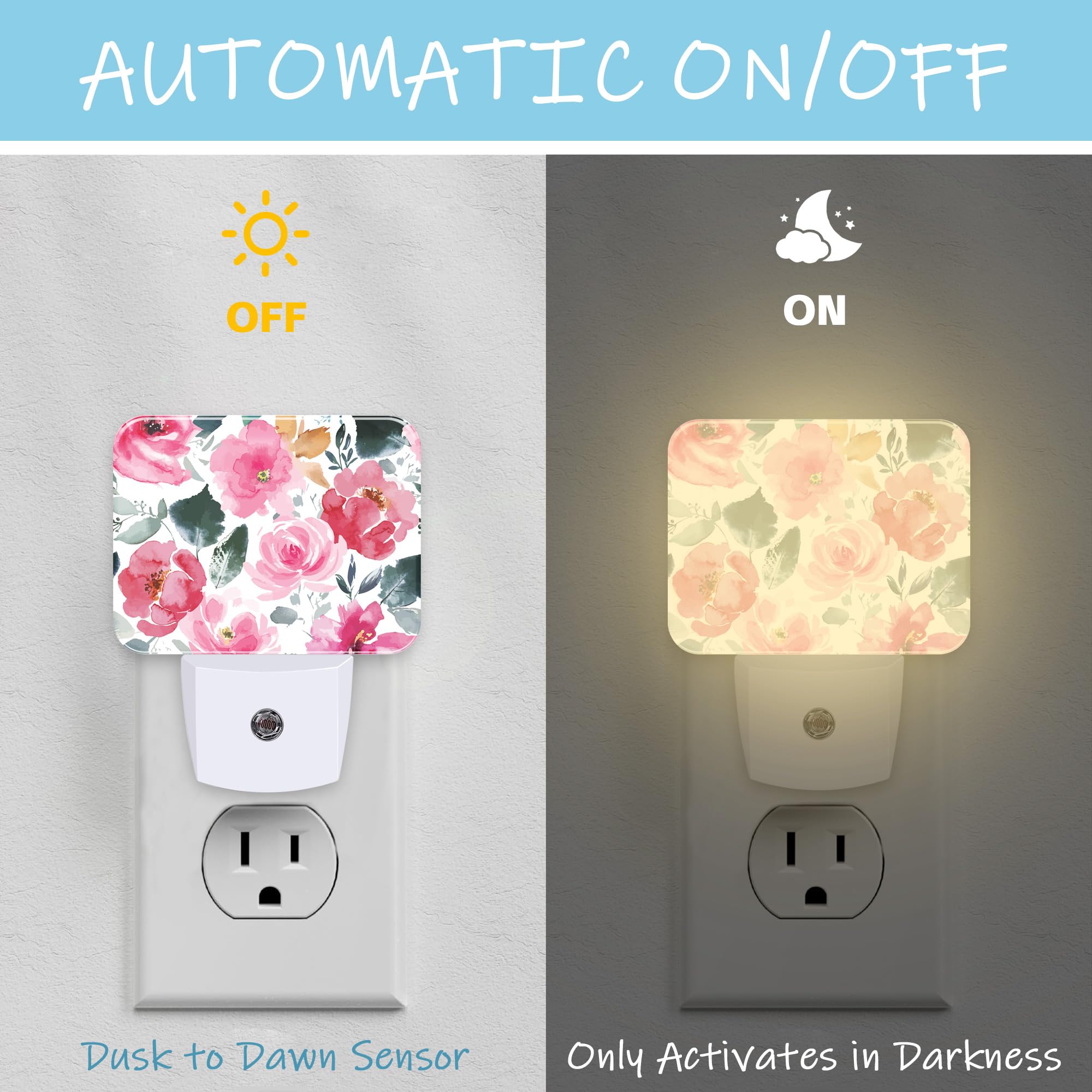 Pink Floral Night Light Plug-in Wall Lamp with Dusk to Dawn Sensor - LED Decorative Night Light for Bedroom, Kitchen, Hallway & Stairs - Perfect for Kids Room, Nursery, Bathroom & Home Decor