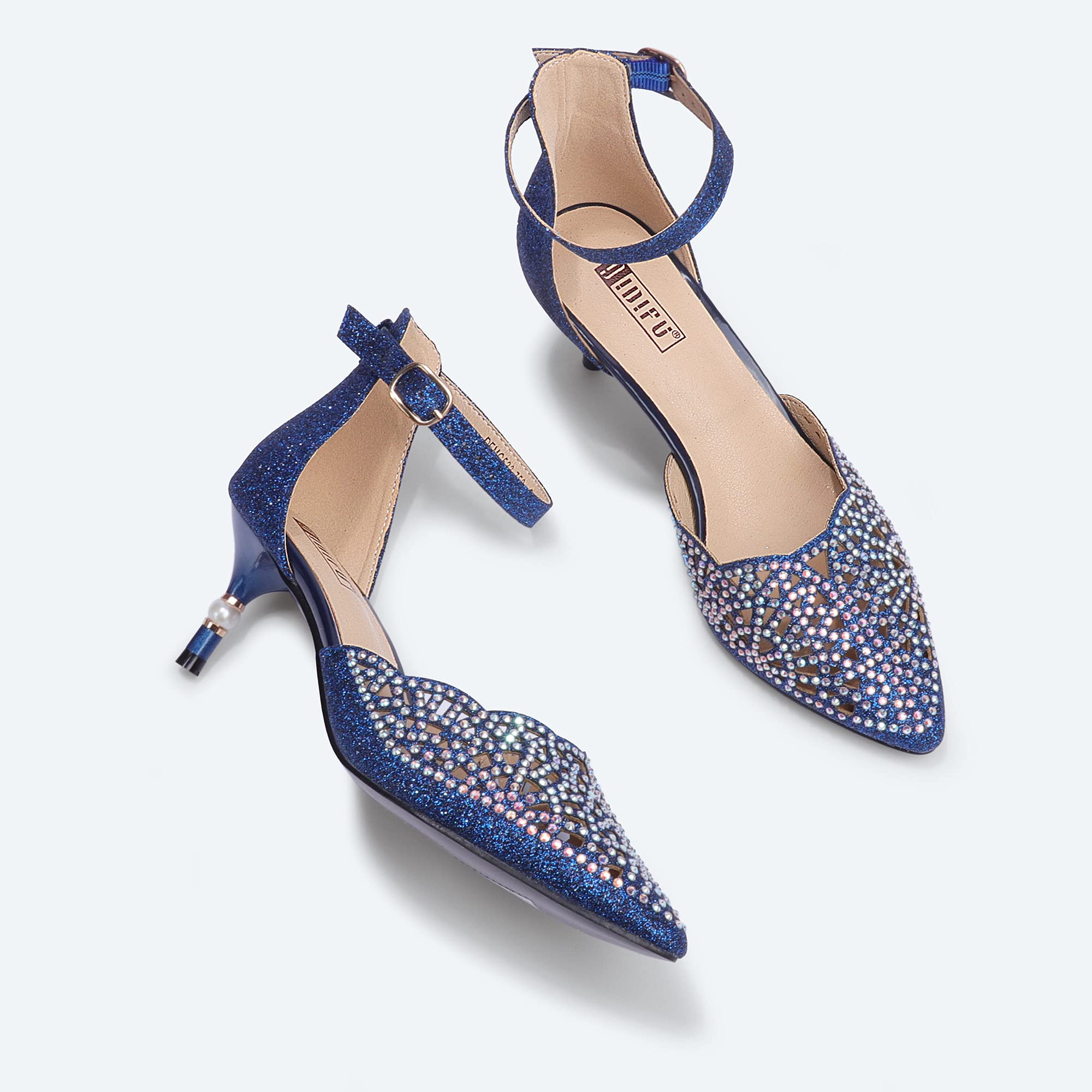 IDIFU Women's Rhinestone Sequins Kitten Heel Wedding Pumps - Elegant Low Heel Bridal Shoes for Bride, Evening Party & Special Occasions