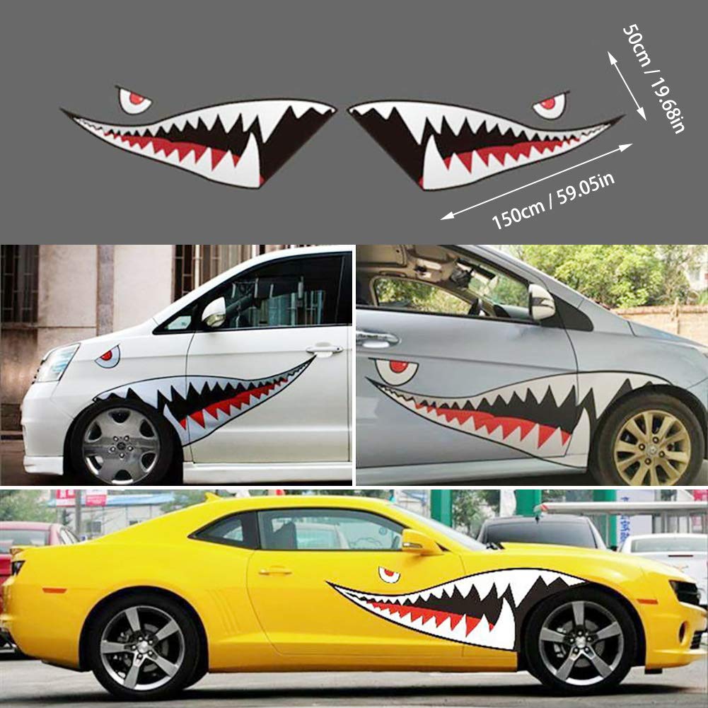 DesirePath Flying Tigers Shark Mouth Teeth Die-Cut Vinyl Decals - 59 Inch Car Window & Bumper Stickers (1 Pair) - Perfect for Car Side Door Decoration & Military Aircraft Style Vehicle Customization