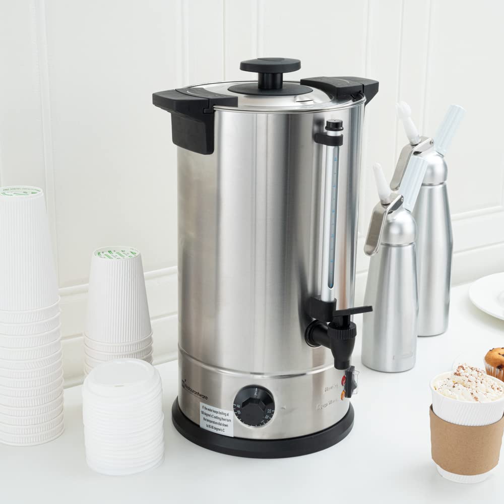 Restaurantware Restpresso 3 Gallon Commercial Coffee Dispenser - 120V/1000W Stainless Steel Hot Water Urn with Adjustable Thermostat & No-Drip Spigot - Large Double-Wall Coffee Maker for Cafes, Offices & Catering Events (Serves 67 Cups, Silver 13/0 Stainless Steel)