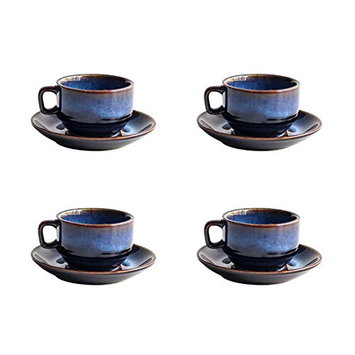 Premium Deep Blue Ceramic Coffee Cup and Saucer Set - 4-Piece Elegant Tea Cup Set for Espresso, Latte & Cappuccino - Perfect for Home, Office & Cafe Use