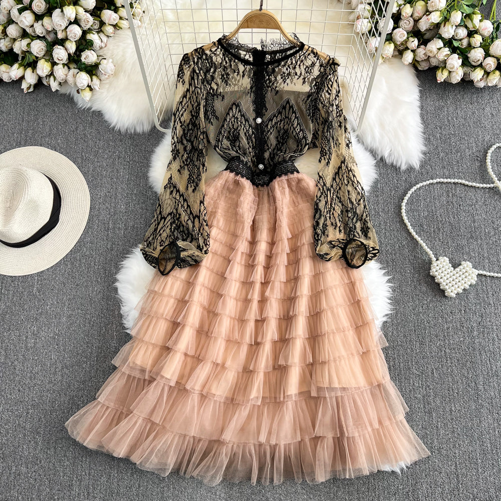 Elegant Long Sleeve Round Neck Lace A-Line Mesh Cake Dress - Perfect for Weddings, Parties & Special Occasions