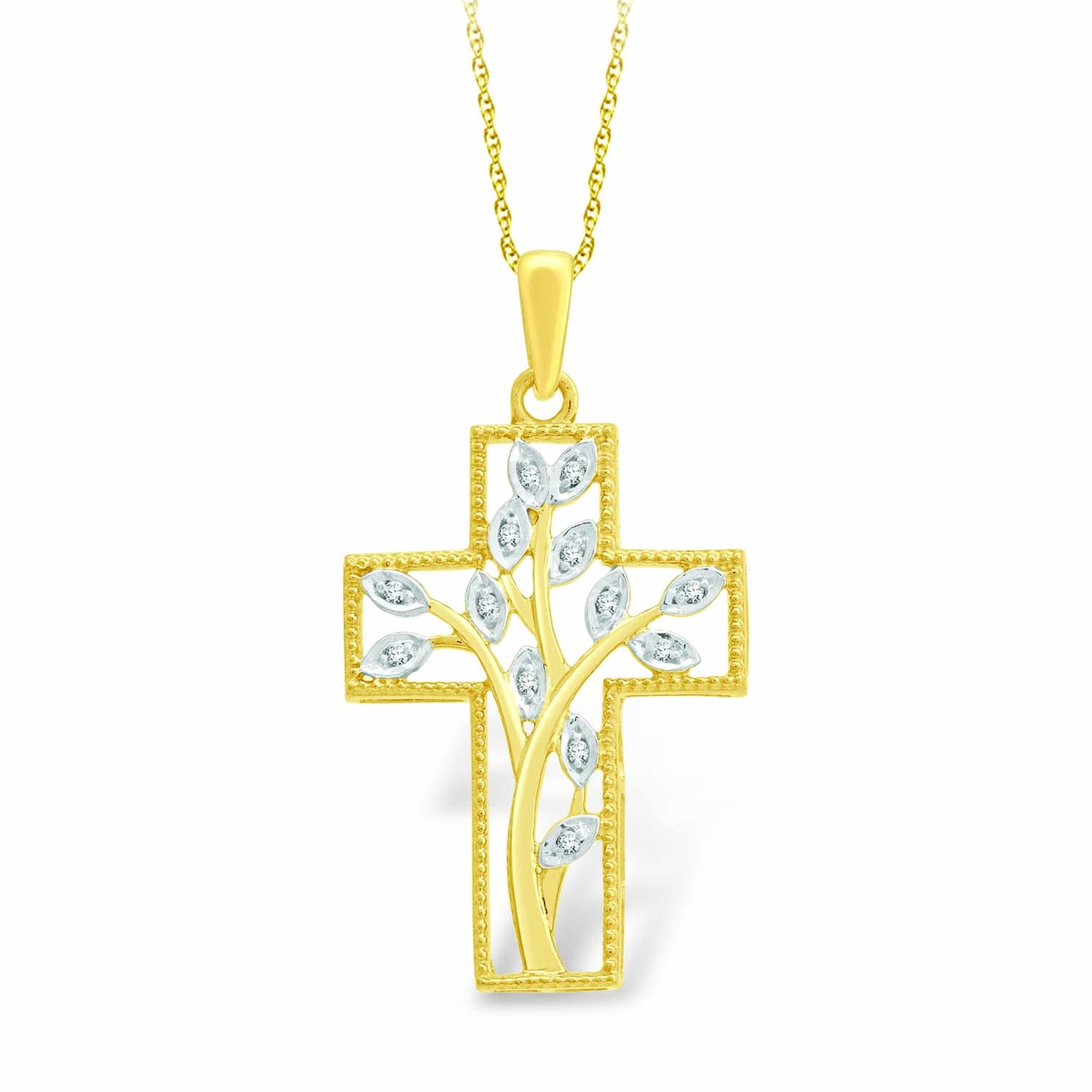 14K Two-Tone Gold Over 925 Sterling Silver Round Cut White Diamond Cross Leaf Pendant Necklace for Women & Girls - Elegant Gift for Birthday, Anniversary & Special Occasions