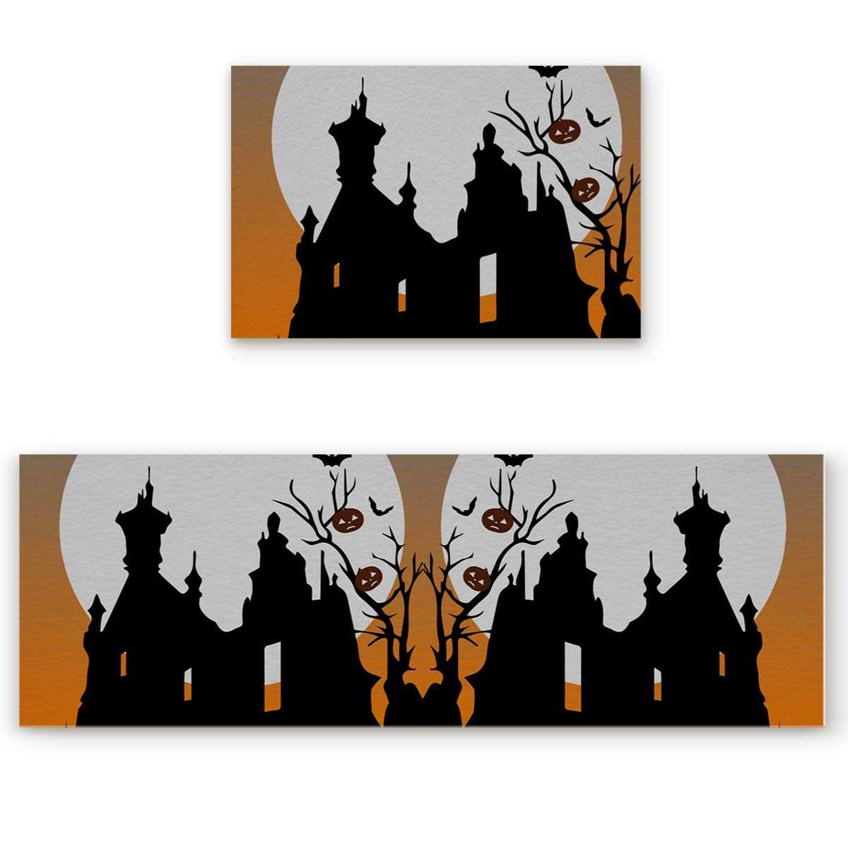Halloween Style Chateau Silhouette 2-Piece Non-Slip Door Mats Set - Washable Kitchen & Bathroom Floor Rugs (19.7