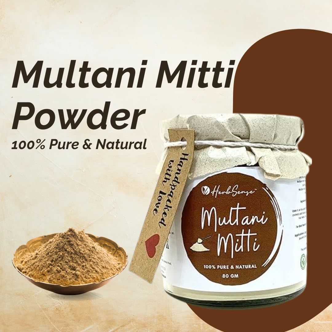 Herbsense Natural Multani Mitti Powder for Oil Control, Skin Cleansing & Nourishing | Anti-Acne & Pimple Care Face Mask | Glass Jar 80g - Perfect for DIY Skincare & Spa Treatments at Home