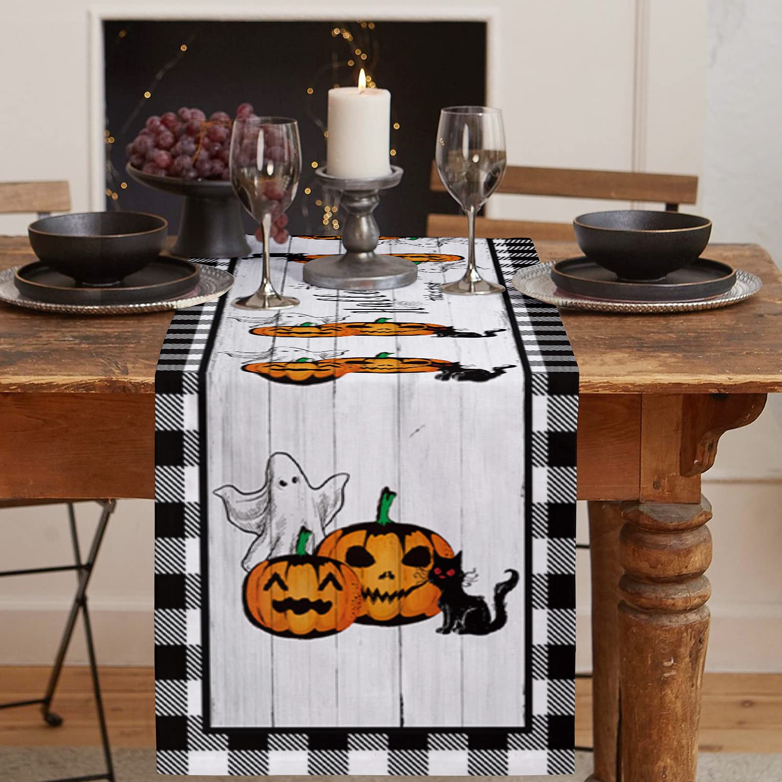 Halloween Burlap Table Runner 108 Inches - Black and White Buffalo Check Checkered with Pumpkins, Ghosts & Black Cat Design for Trick or Treat - Perfect for Home Kitchen, Party Dining & Coffee Tables Decorations