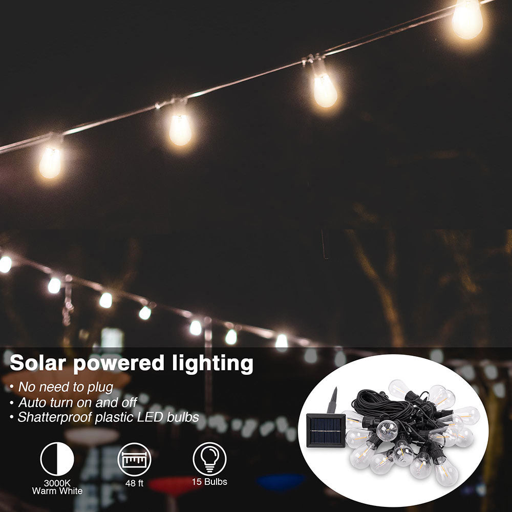 Solar Powered Outdoor String Lights - 15 LED Bulbs, 48ft Waterproof Bistro Lights for Patio, Garden, Backyard & Wedding Decor