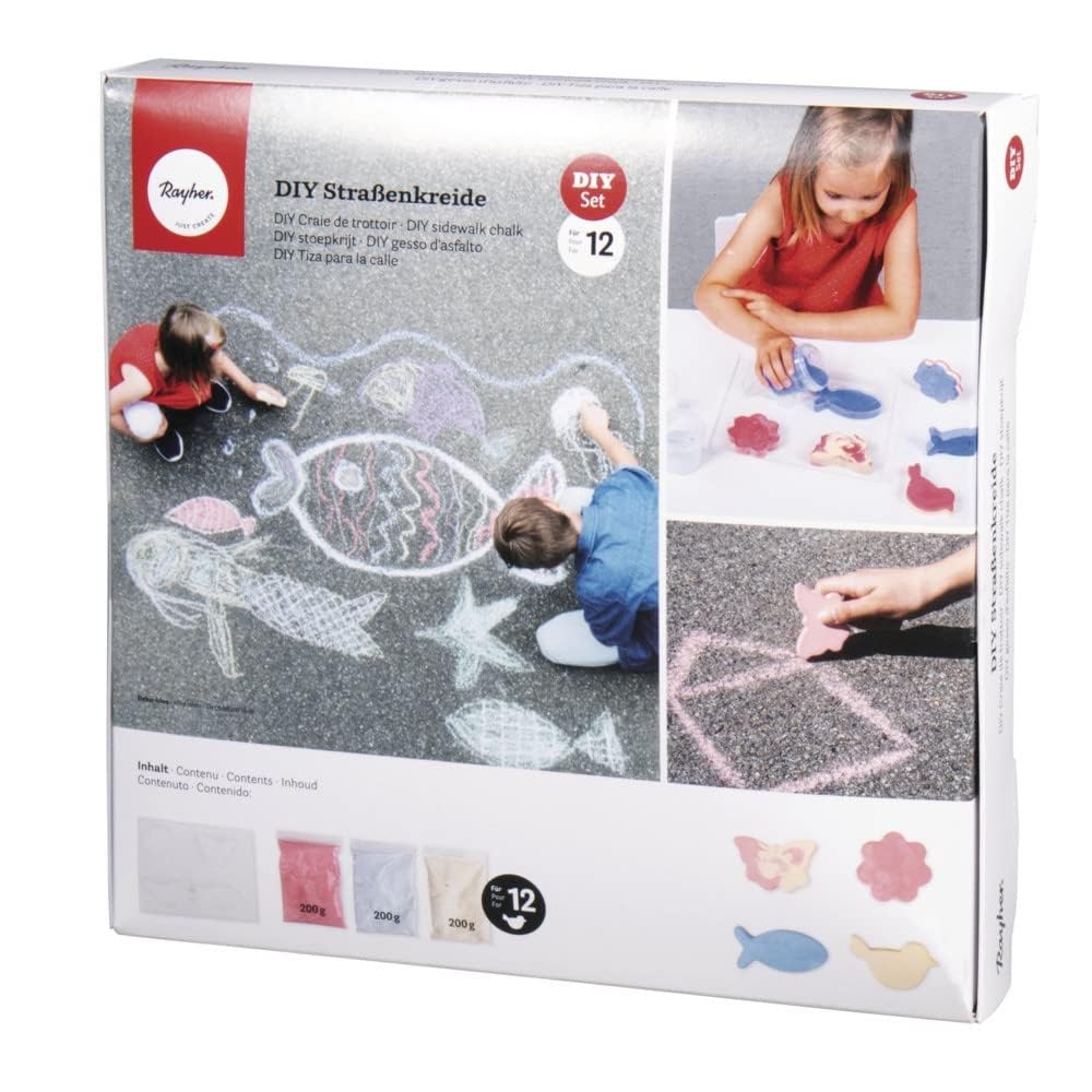 Rayher 34466000 DIY Street Chalk Kit - 4 Molds & Chalk Casting Powder for Kids Outdoor Art, Sidewalk Drawing, and Creative Play