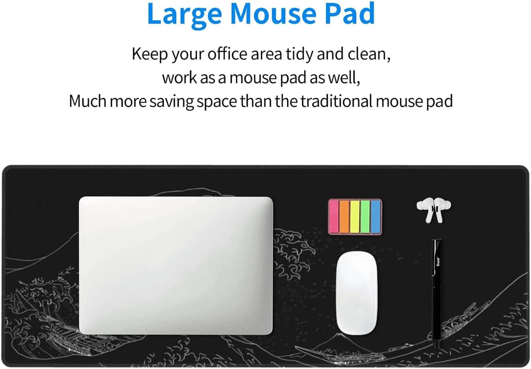 Japanese Sea Wave Anime Gaming Mouse Pad - Large Extended Kanagawa Design Desk Mat, 31.5x11.8 Inch, 2mm Thick with Non-Slip Rubber Base (Black) - Perfect for PC Gaming, Office Work & Home Decor