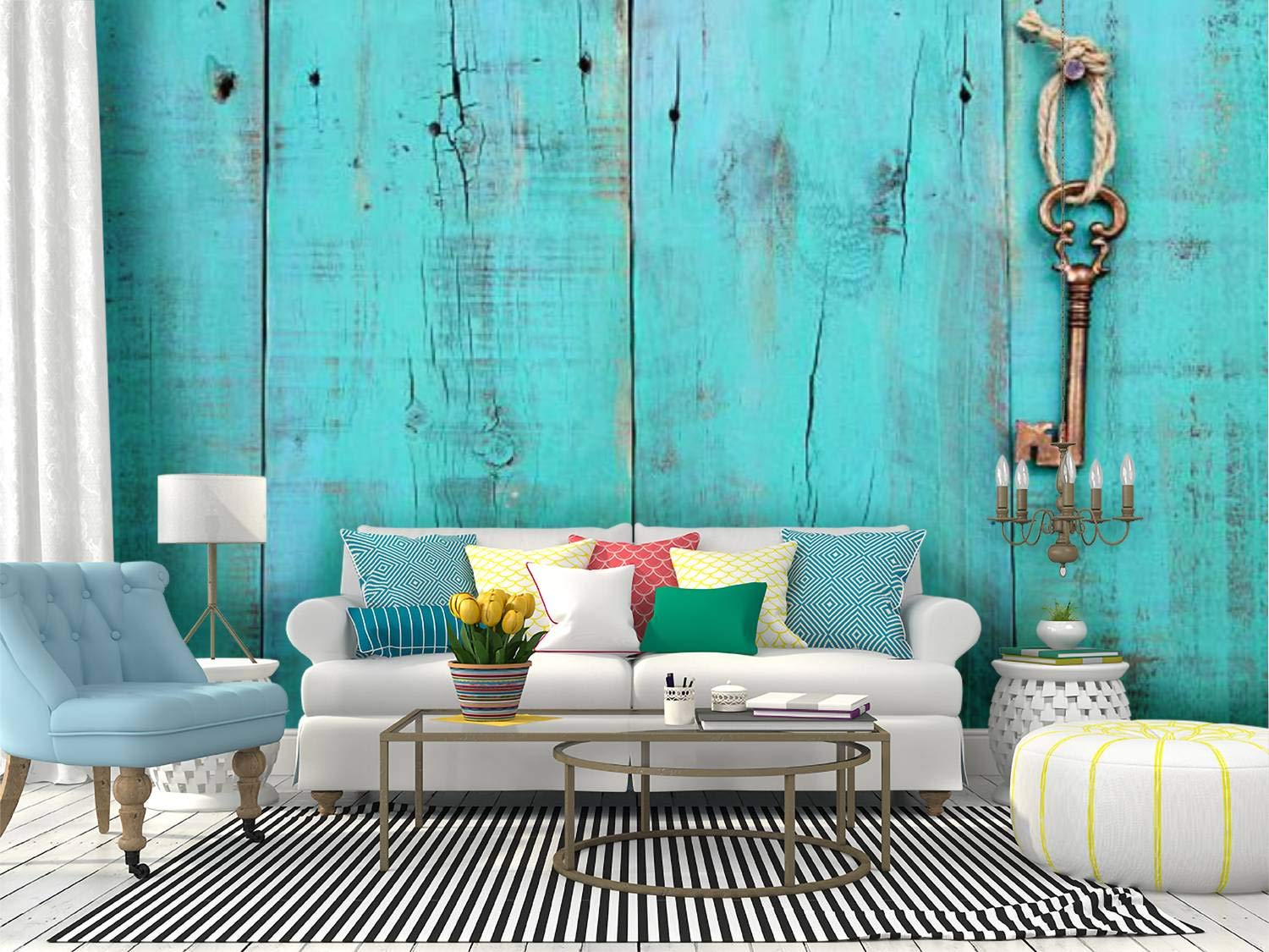 Bronze Skeleton Key Peel and Stick Wallpaper - Antique Teal Blue Wooden Background Self-Adhesive Wall Mural, Large Removable Vinyl Film for Home Decor | Perfect for Accent Walls, Bedrooms, Living Rooms & Shelf Lining