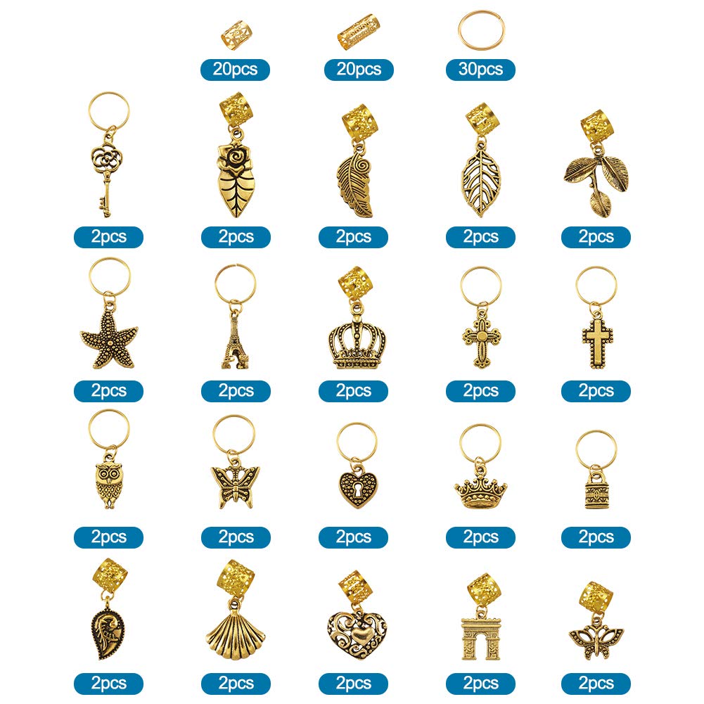Craftdady 110Pcs Gold Metal Hair Jewelry Rings - Decorative Pendants, Coil Cuffs & Dreadlock Accessories with Leaf, Star, Butterfly, Heart, Key, Owl, Cross & Crown Charms - Perfect for Boho Hairstyles, Festivals & DIY Hair Styling