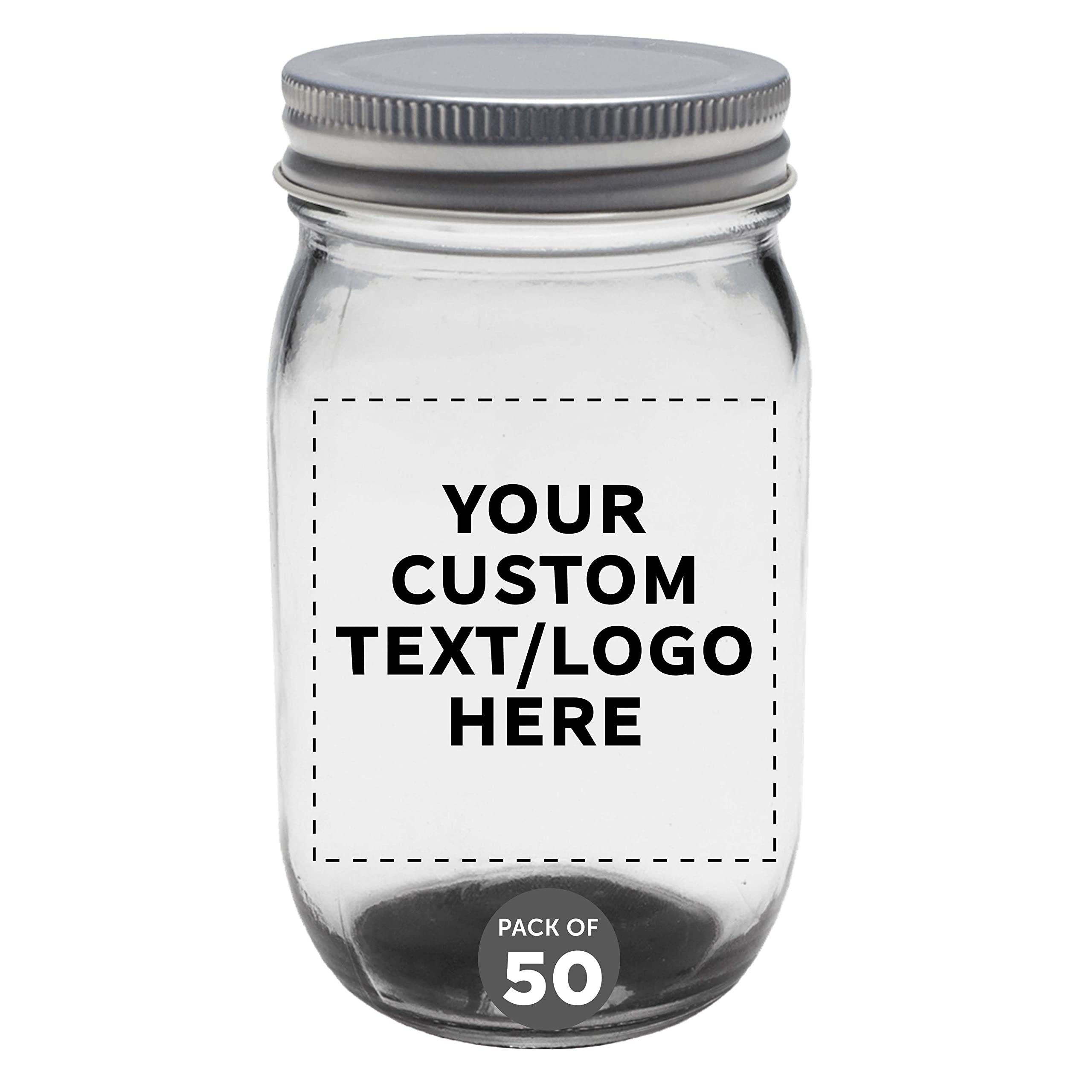 50 Pack 16 oz Custom Mason Jars with Lids - Bulk Personalized Glass Jars for Overnight Oats, Candies, Pickles, Spices & Beverages - Perfect for Meal Prep, Party Favors, DIY Gifts & Home Storage (Black)
