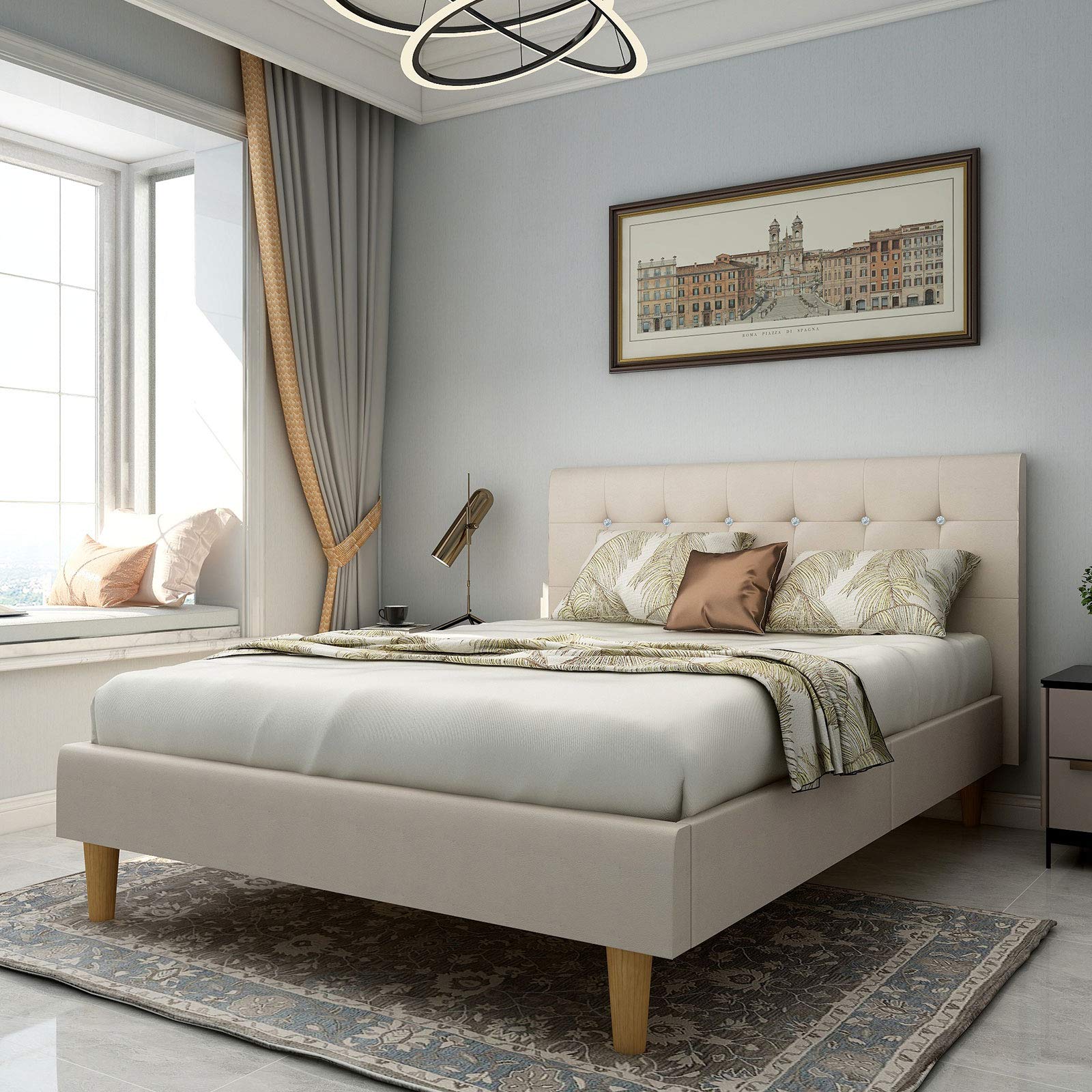 Yegee Faux Leather Platform Bed Frame - Full Size with Crystal Button Tufted Headboard, Wood Slat Support & Sturdy Bed Feet (Beige) - Perfect for Modern Bedrooms, Guest Rooms & Dorm Decor