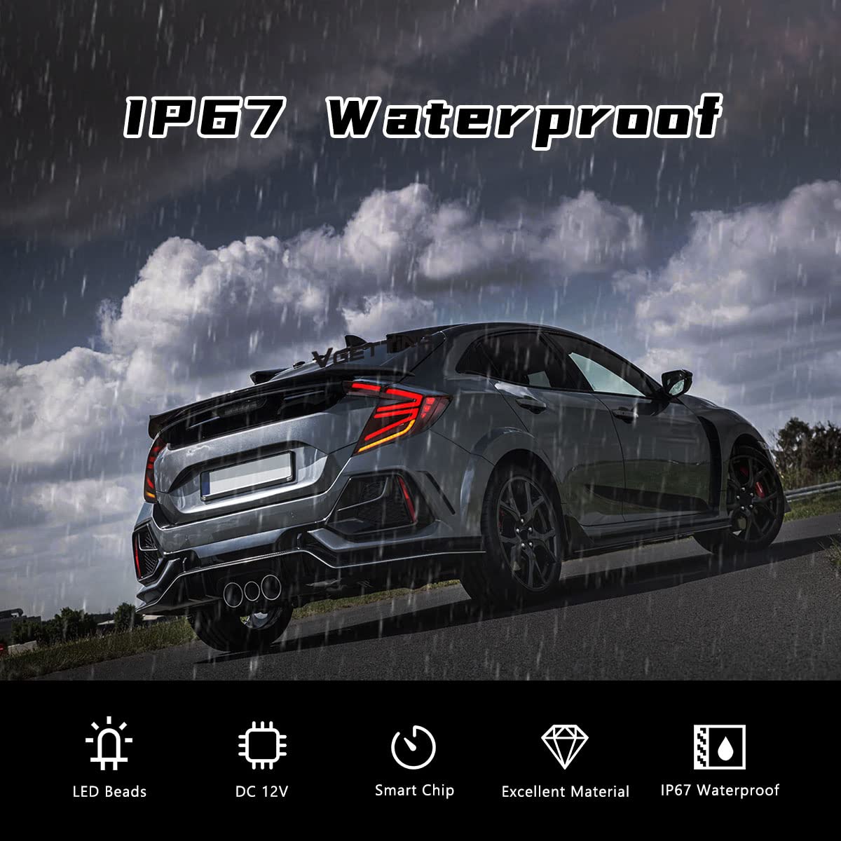 2016-2020 Honda Civic Type R Hatchback LED Tail Lights - Smoked Lens Sequential Turn Signal & DRL Brake Light Assembly - Perfect for Night Driving & Car Customization