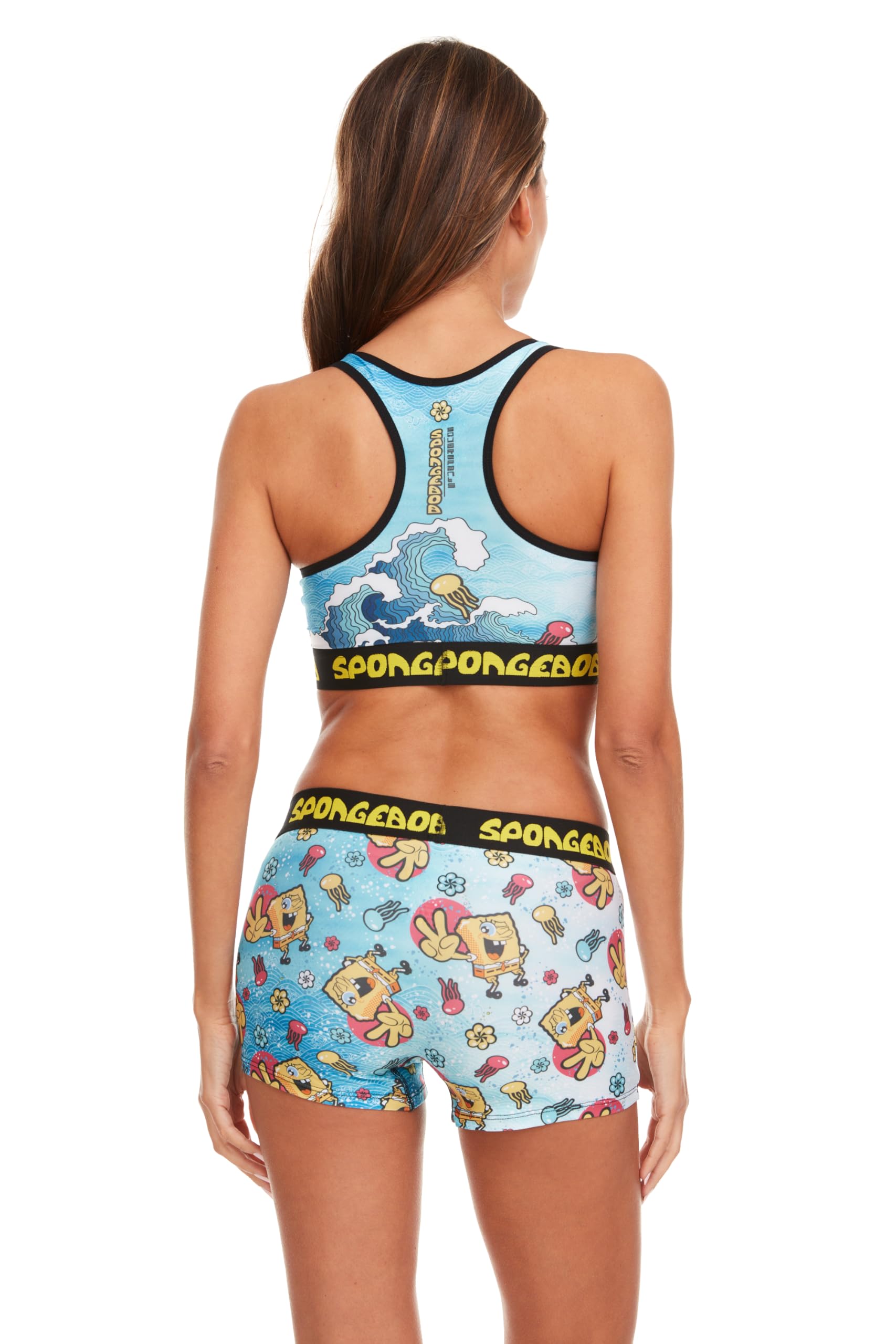 SpongeBob Women's Sports Bra & Boxer Briefs Set - Racerback Design with Removable Pads - Comfortable Workout Underwear for Running, Yoga & Gym