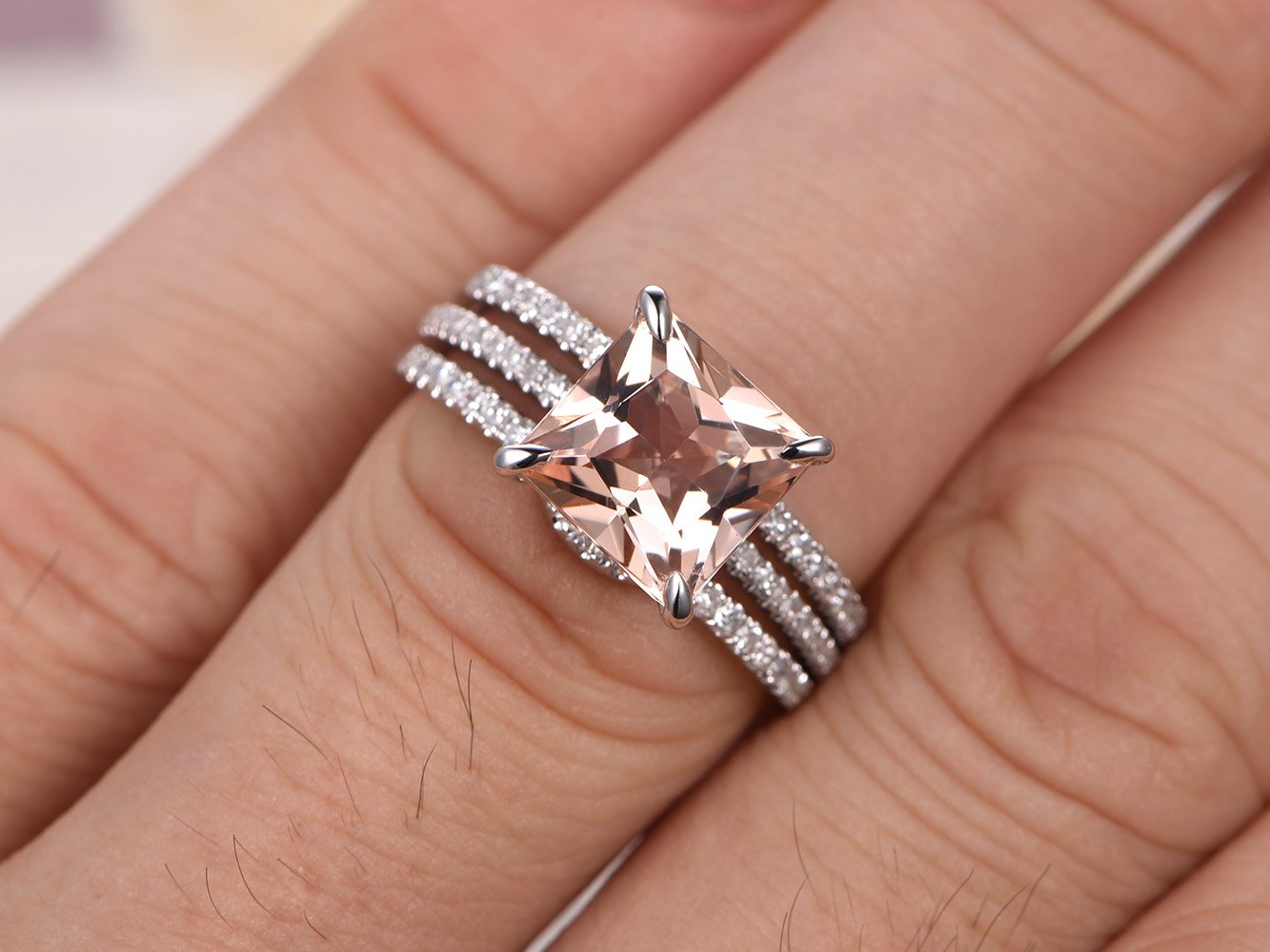8mm Morganite Engagement Ring Set with Diamond Band in 14K White Gold for Weddings
