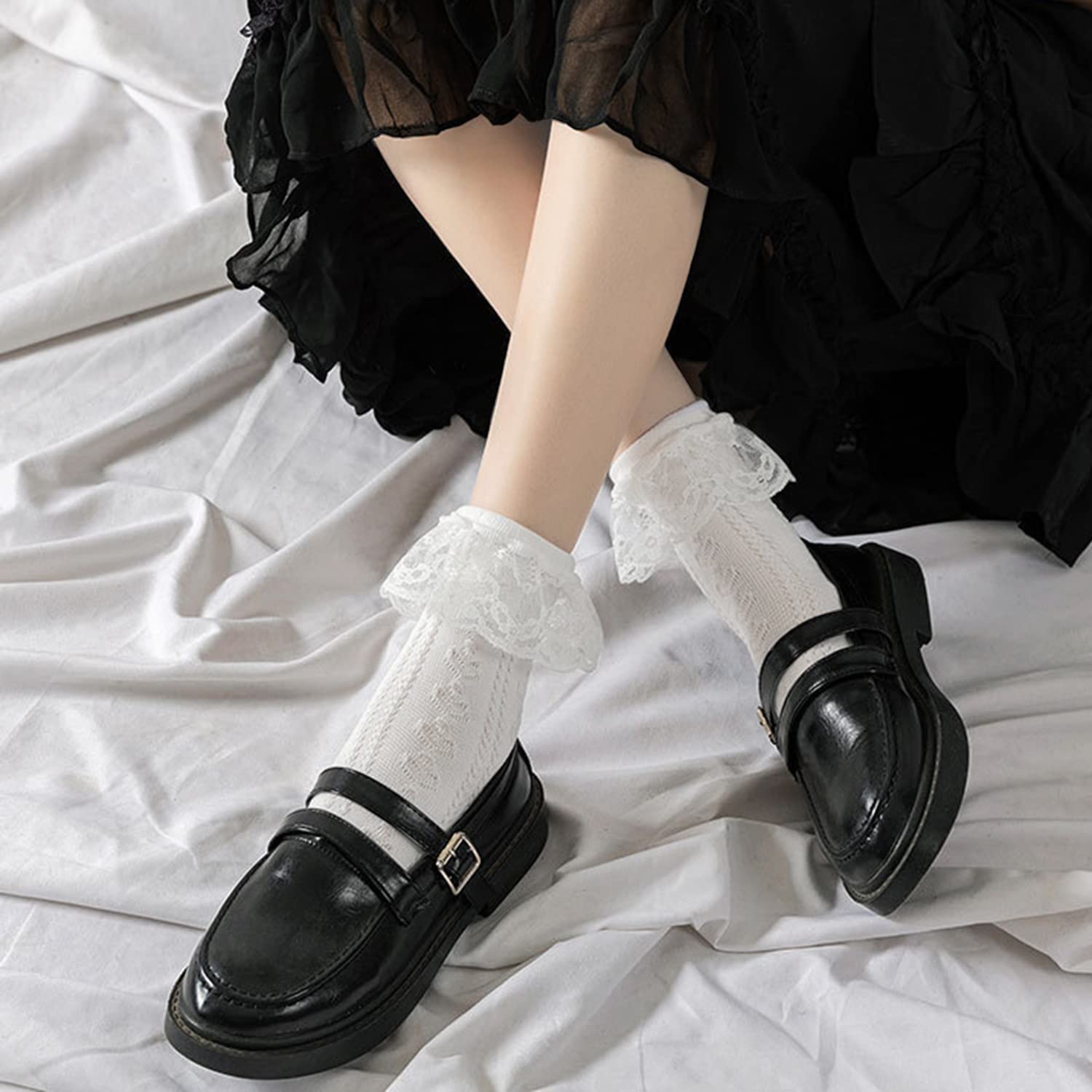 BIVOLU Women's Lace Ruffle Crew Socks - 6 Pack Cute Cotton Ankle Dress Socks for Girls | Princess Style, Comfortable & Breathable | Perfect for School, Parties, and Everyday Wear