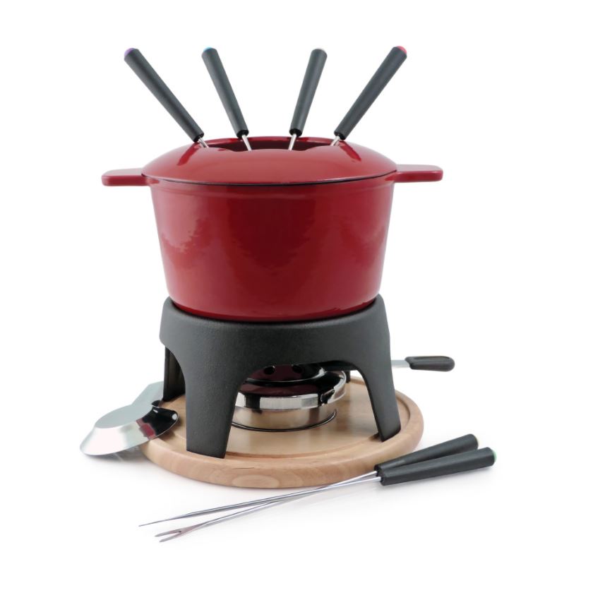 Premium Swissmar Sierra 11-Piece Cast Iron Fondue Set with Cherry Wood Stand - Perfect for Romantic Dinners, Family Gatherings & Holiday Entertaining