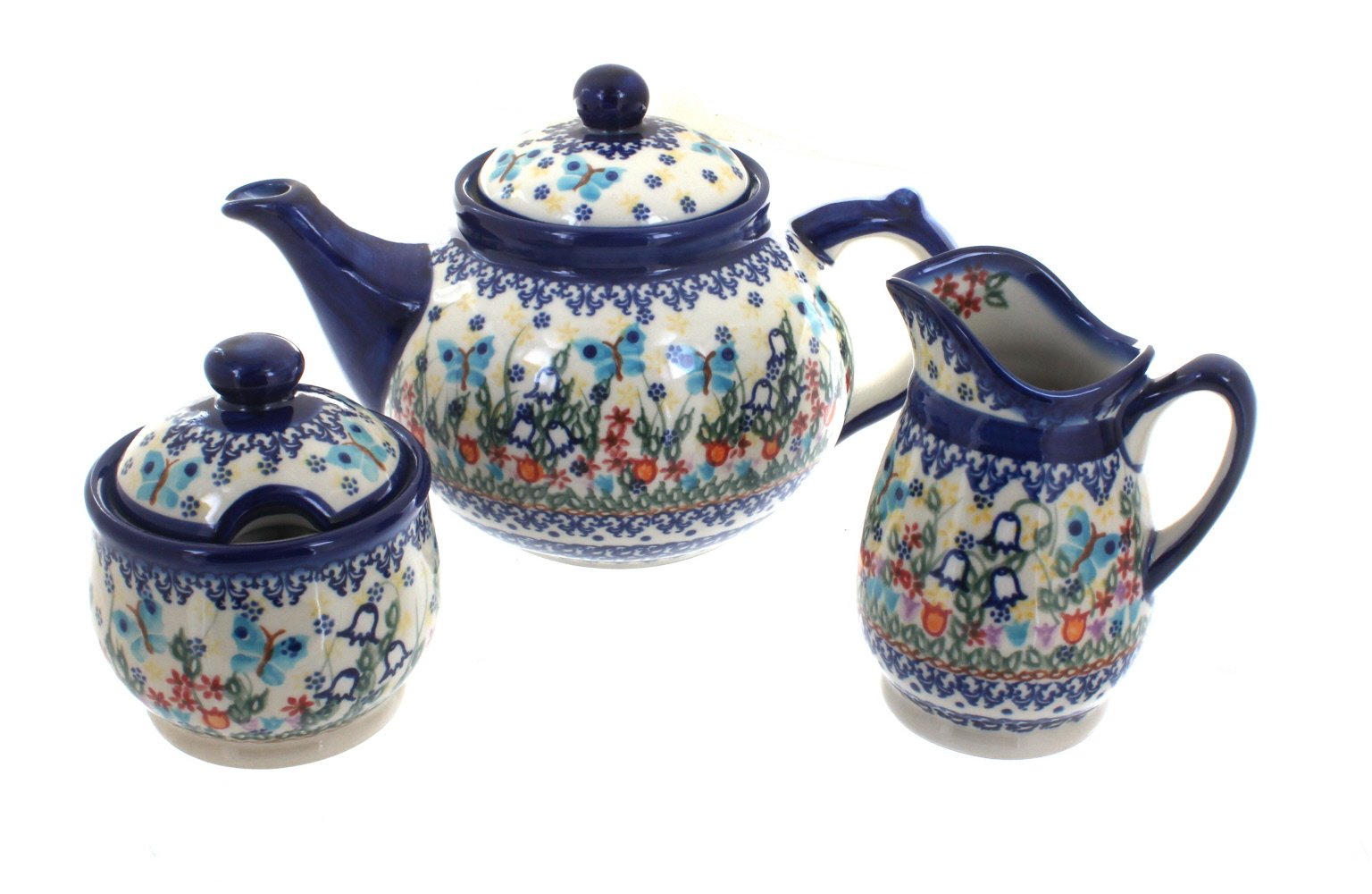 Blue Rose Polish Pottery Garden of Eden 3-Piece Tea Set - Handcrafted Ceramic Teapot with Cups - Perfect for Afternoon Tea, Gifts & Home Decor