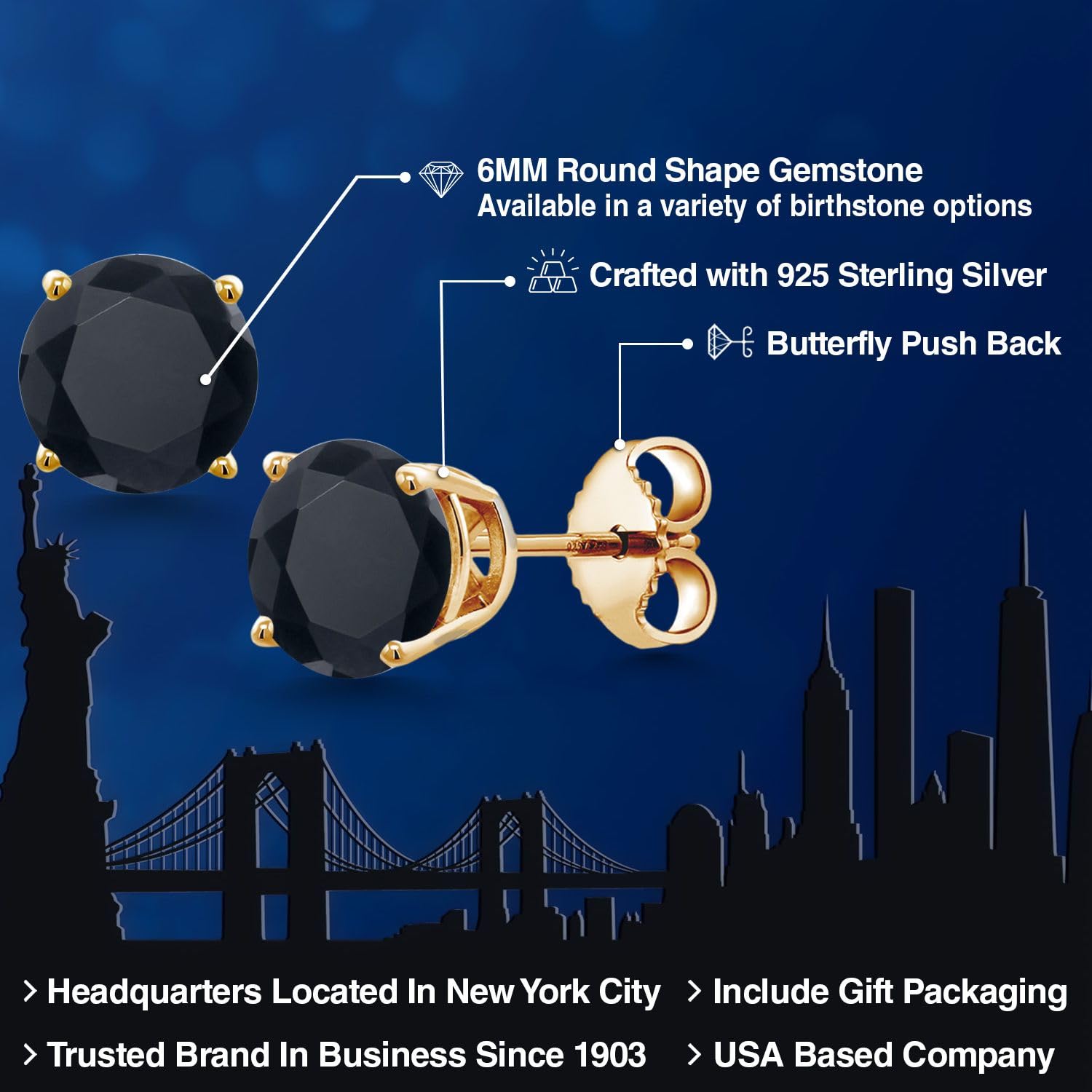 Gem Stone King 18K Yellow Gold Plated Sterling Silver 6MM Round Birthstone Stud Earrings for Women & Men | Personalized Zodiac Jewelry Gift for Birthday, Anniversary & Special Occasions