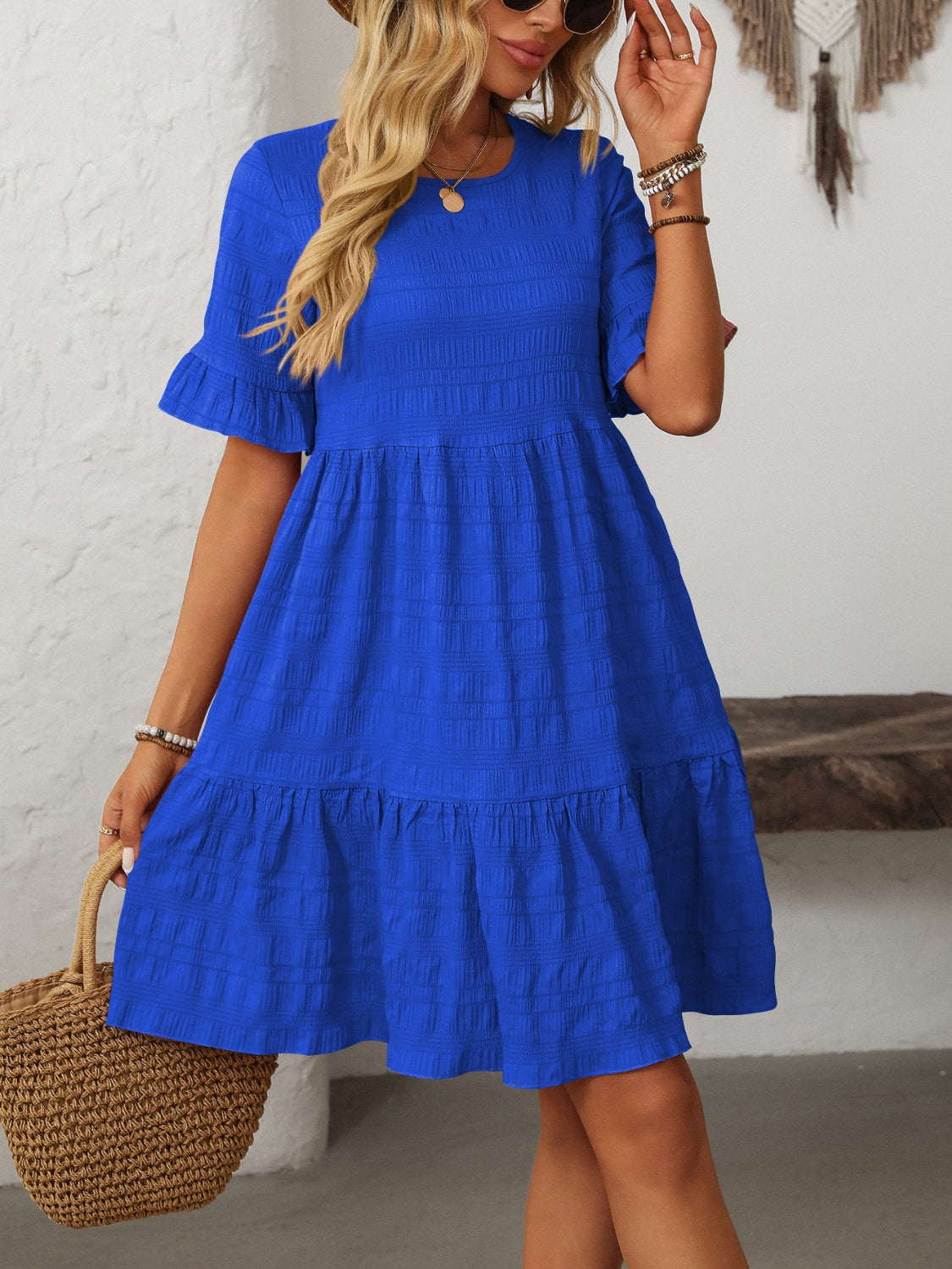 Mandy Women's Ruffled Ruched Round Neck Half Sleeve Casual Dress for Summer, Party, and Date Night