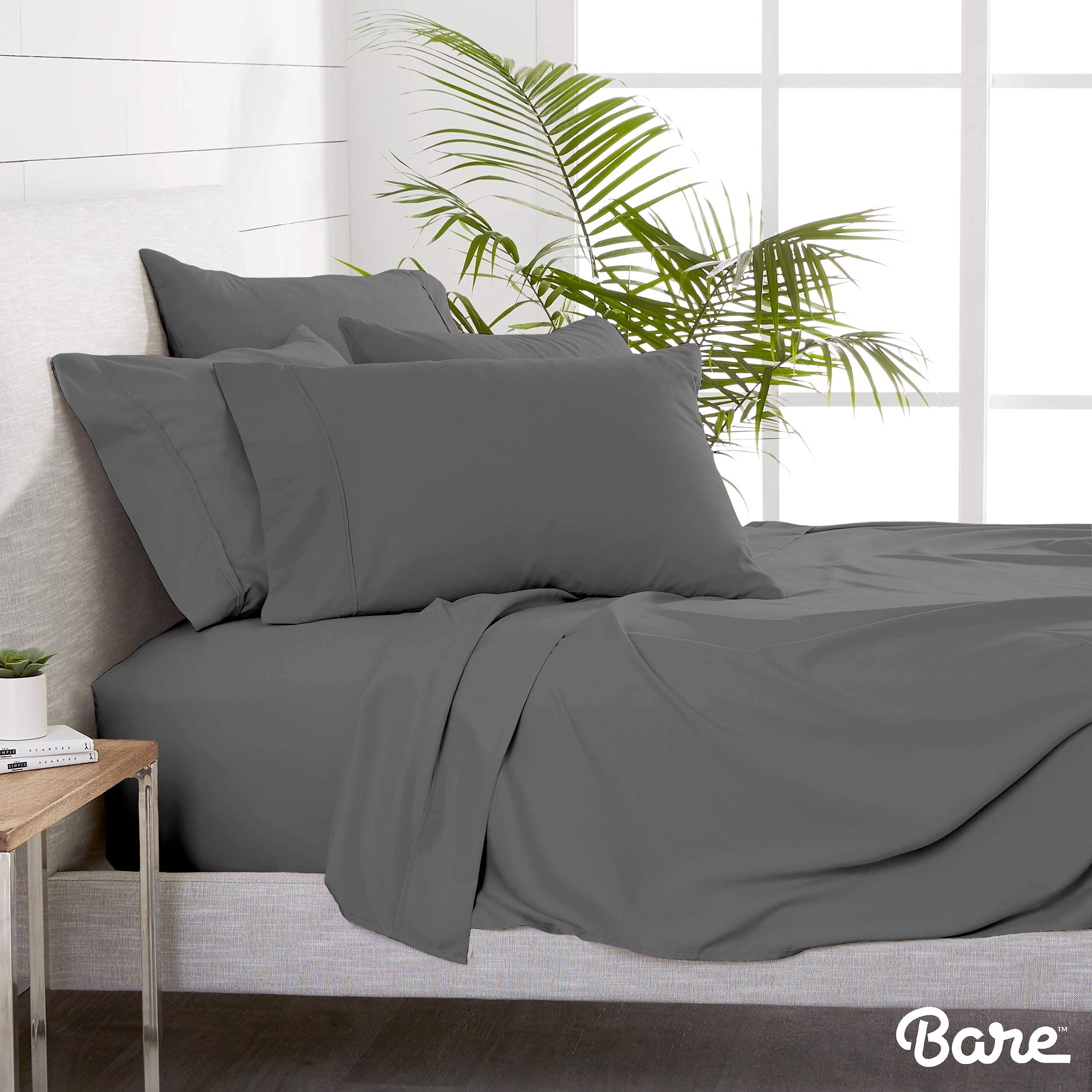 Bare Home 7-Piece Microfiber Sheet Set with 4 Pillowcases - Split King Size, Soft Grey Bedding Bundle for Luxurious Comfort | Perfect for Master Bedrooms, Guest Rooms & Vacation Homes