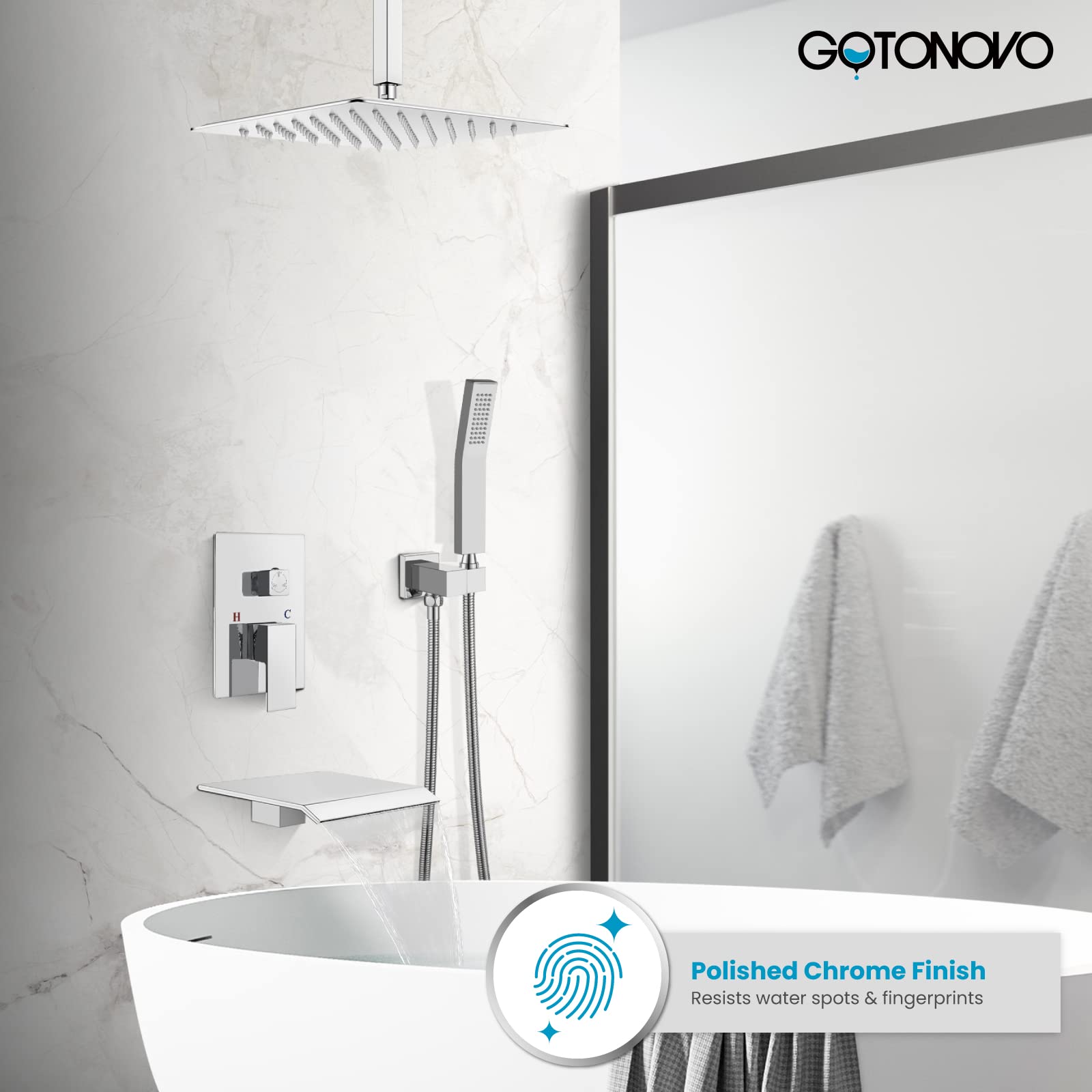 Gotonovo 12-Inch Polished Chrome Ceiling Mount Shower System - Rain Shower Head & Handheld Combo with Waterfall Tub Spout & Rough-in Valve Kit - Perfect for Modern Bathroom Renovation & Spa-Like Shower Experience
