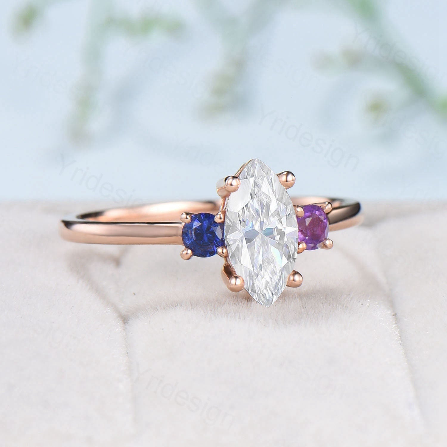 Elegant Marquise Cut Moissanite Engagement Ring in Rose Gold - Minimalist Three Stone Wedding Band with Sapphire & Amethyst Accents - Women's Promise Ring for Proposals, Anniversaries & Special Occasions
