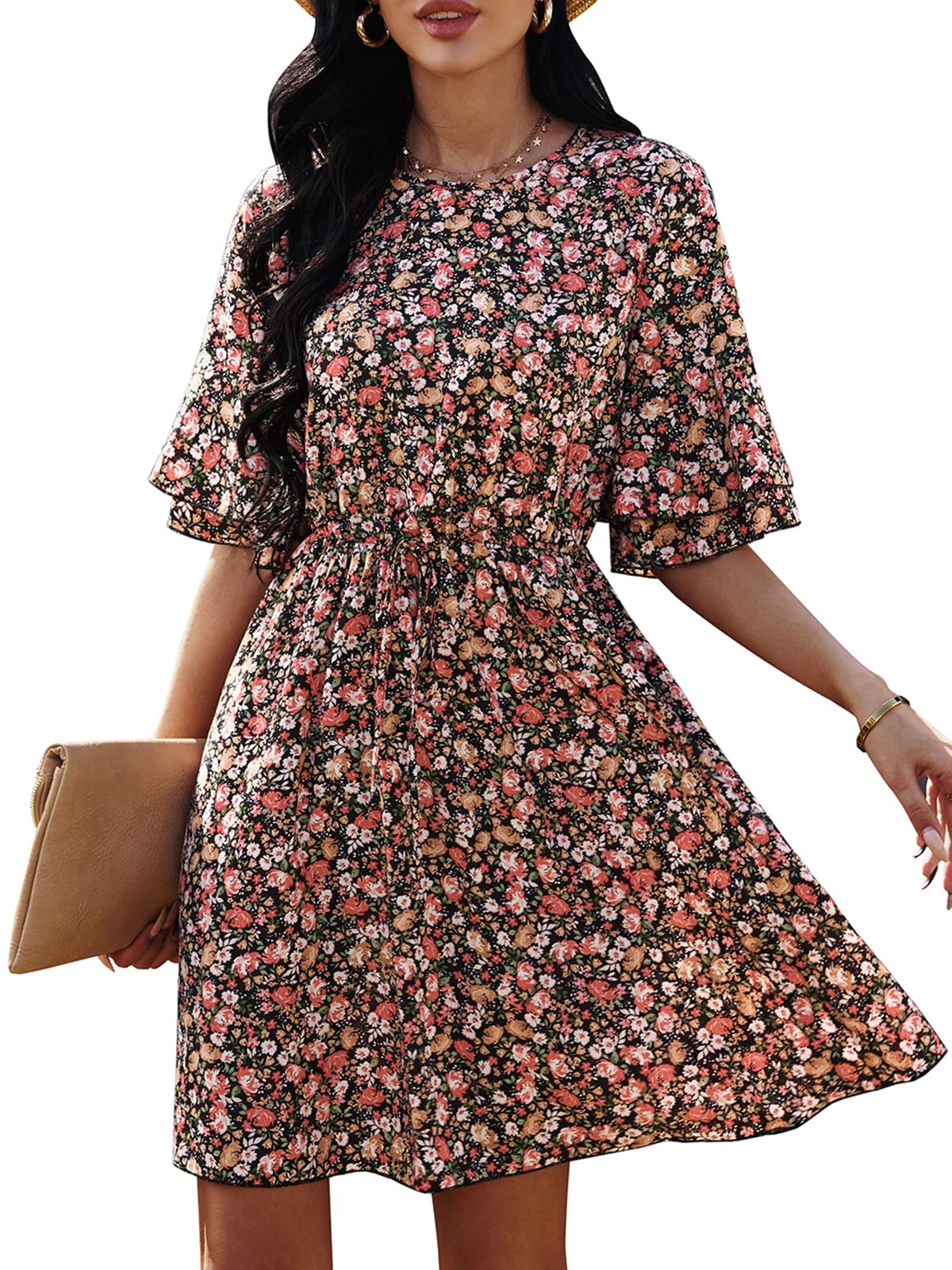 ANRABESS Women's Floral Print Ruffle Mini Dress - Bell Sleeve, Elastic Waist A-Line Swing Dress for Summer Beach, Party & Casual Wear