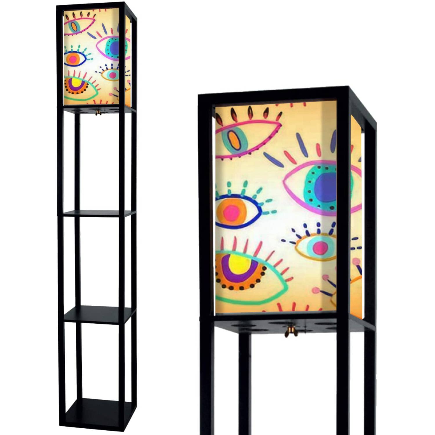 **Colorful Eyes Texture Seamless Standing Floor Lamp with Shelves & Flaxen Fabric Shade - Tall Corner Lamp for Living Room, Bedroom, Teen & Women's Aesthetic Decor - Perfect for Reading, Relaxing & Ambient Lighting**